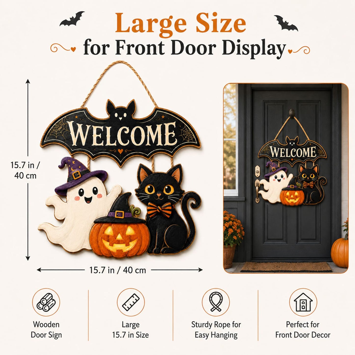 Halloween Wooden Door Sign, 15.7 Inch Bat Welcome Door Hanger with Ghost Pumpkin Black Cat, Cute Halloween Front Door Porch Wall Decor