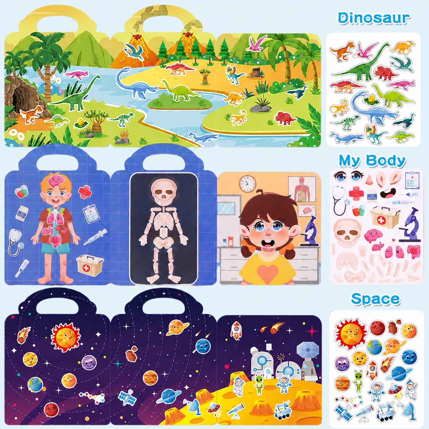 Kywib Reusable Sticker Books for Kids Ages 3+, 6 Pack Jelly Sticker Activity Books, Dinosaur, Space, Ocean and Vehicles Themes