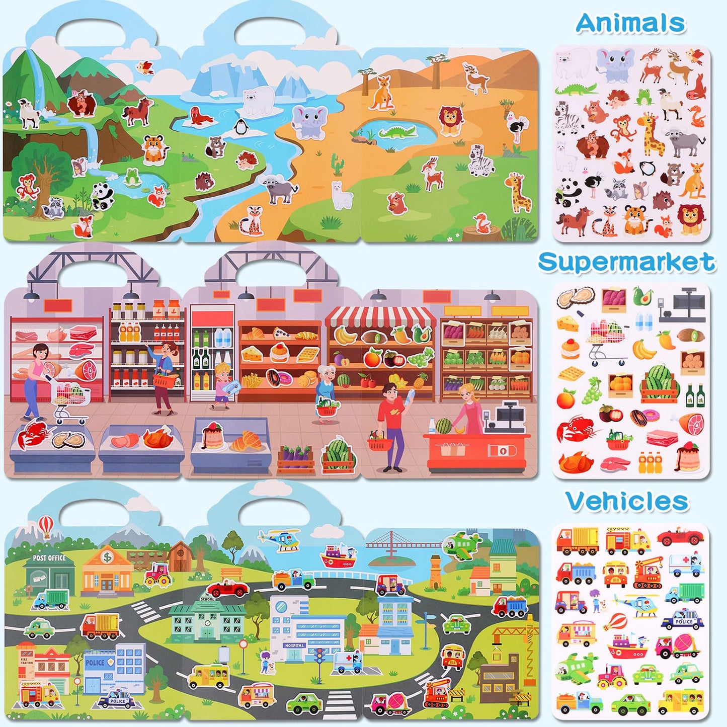 Reusable Sticker Books for Toddlers Ages 2+, 6 Pack Jelly Sticker Activity Books with Farm Vehicles Princess Animals Market Body Themes