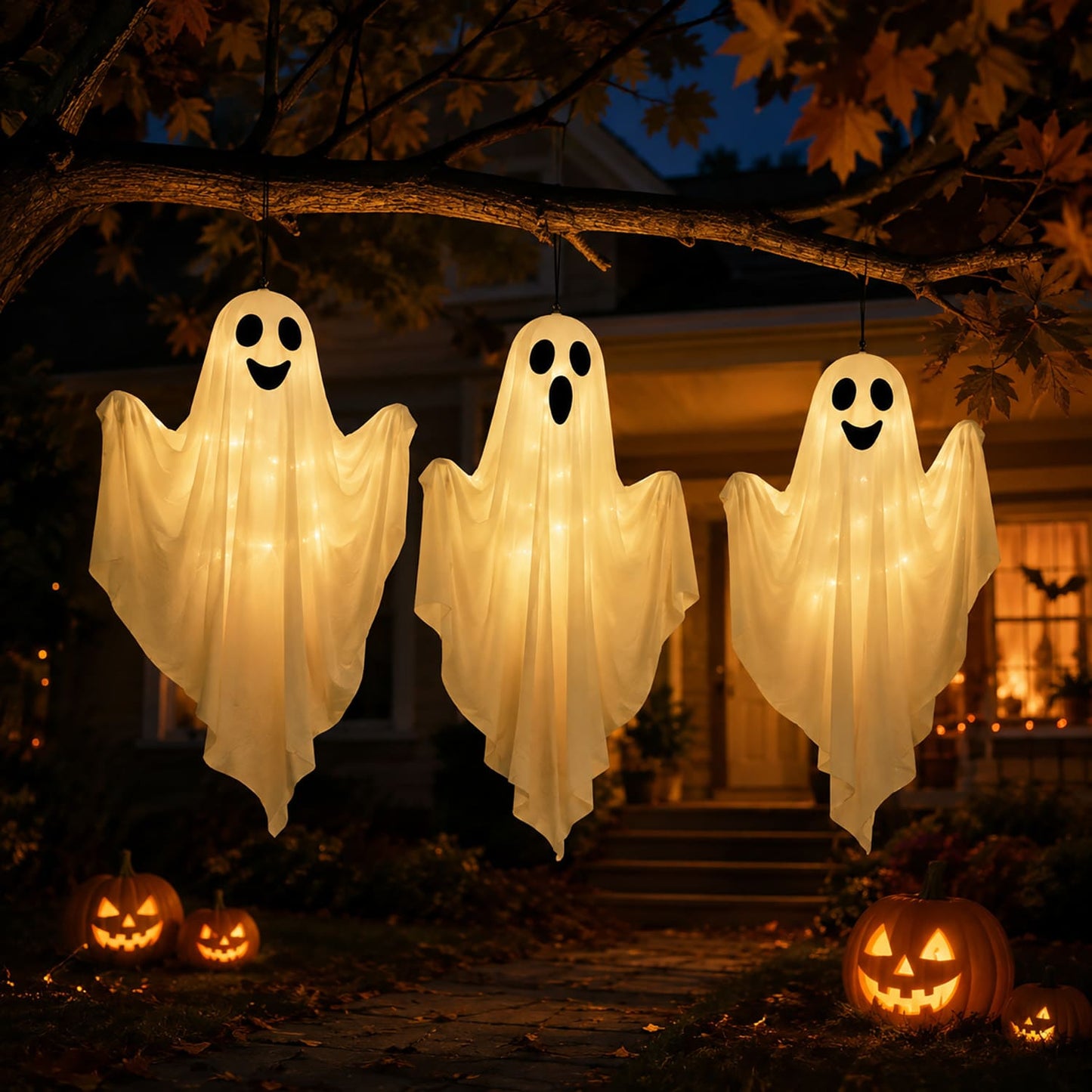 3 Pack Light Up Hanging Ghosts Halloween Decorations, 19.7 in Glowing Ghost Decor for Outdoor Indoor Yard, Tree, Lawn, Fireplace, Party Décor