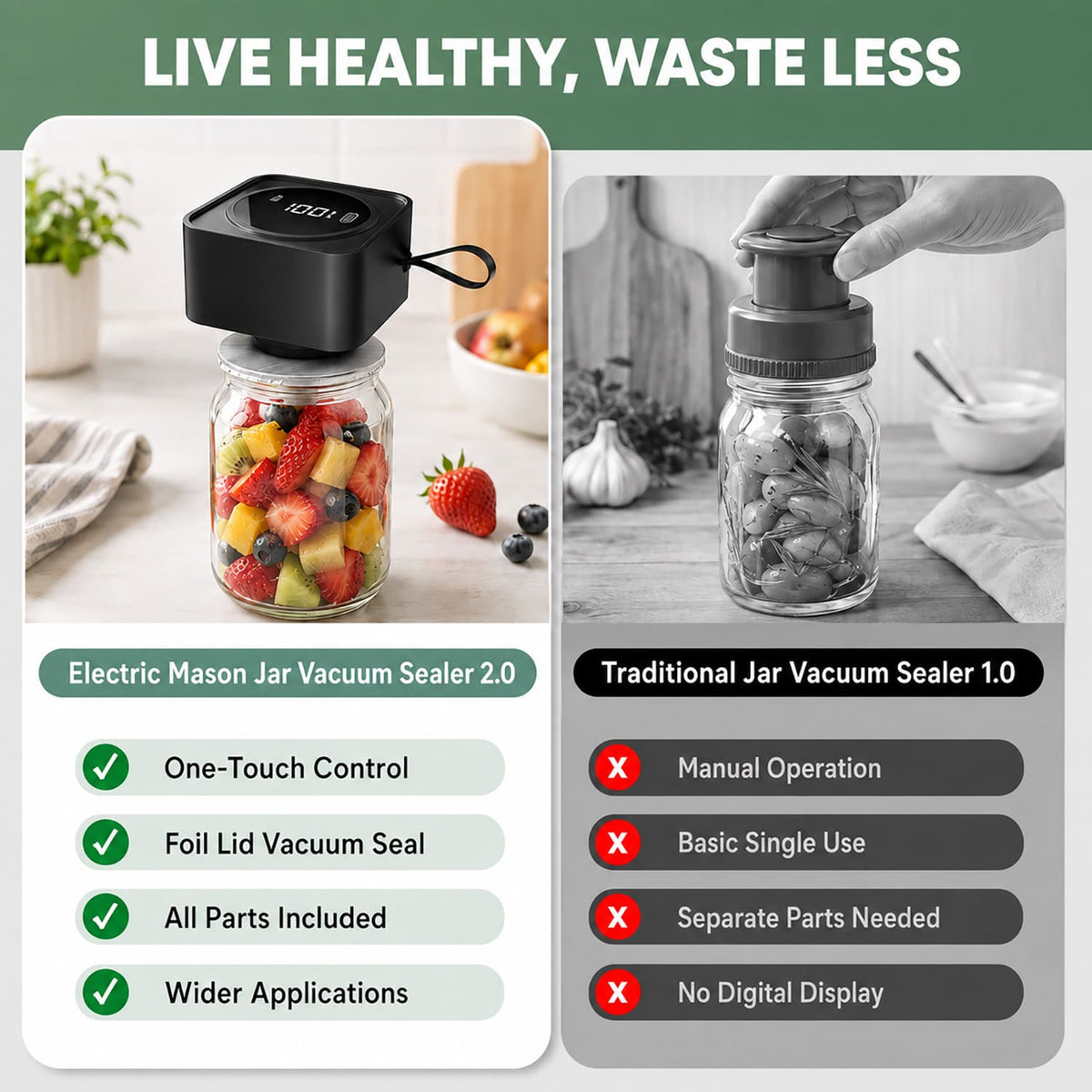 Electric Mason Jar Vacuum Sealer Kit, One-Button Vacuum Sealing for Wide & Regular Mouth Mason Jars, USB Rechargeable, Includes 5 Wide-Mouth Lids, 5 Regular-Mouth Lids & Type-C Cable, Black