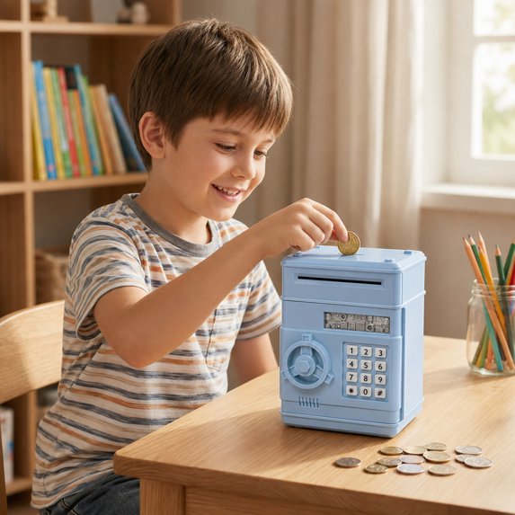 Kids Electronic Piggy Bank with Password Lock, Cash & Coins, Light Blue