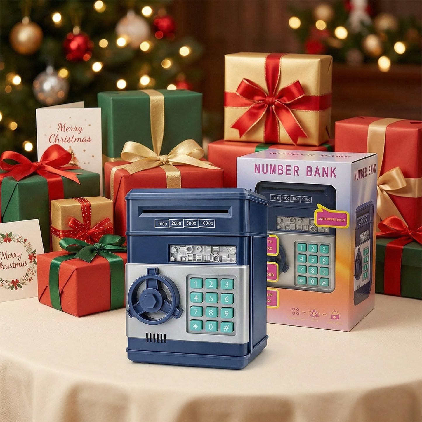 Kids Electronic Piggy Bank with Password Lock, Cash & Coins, Navy