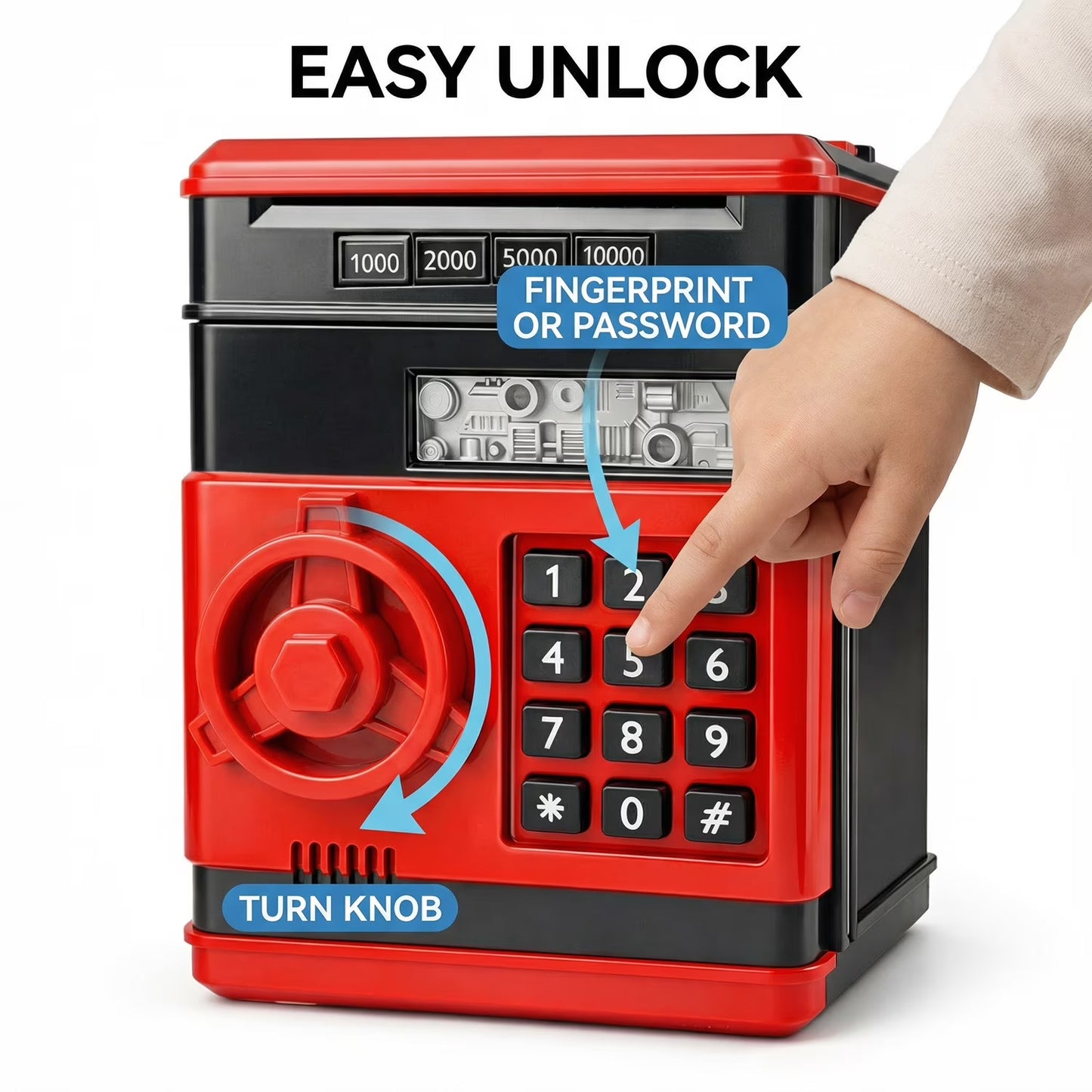 Kids Electronic Piggy Bank with Password Lock, Cash & Coins, Red Black