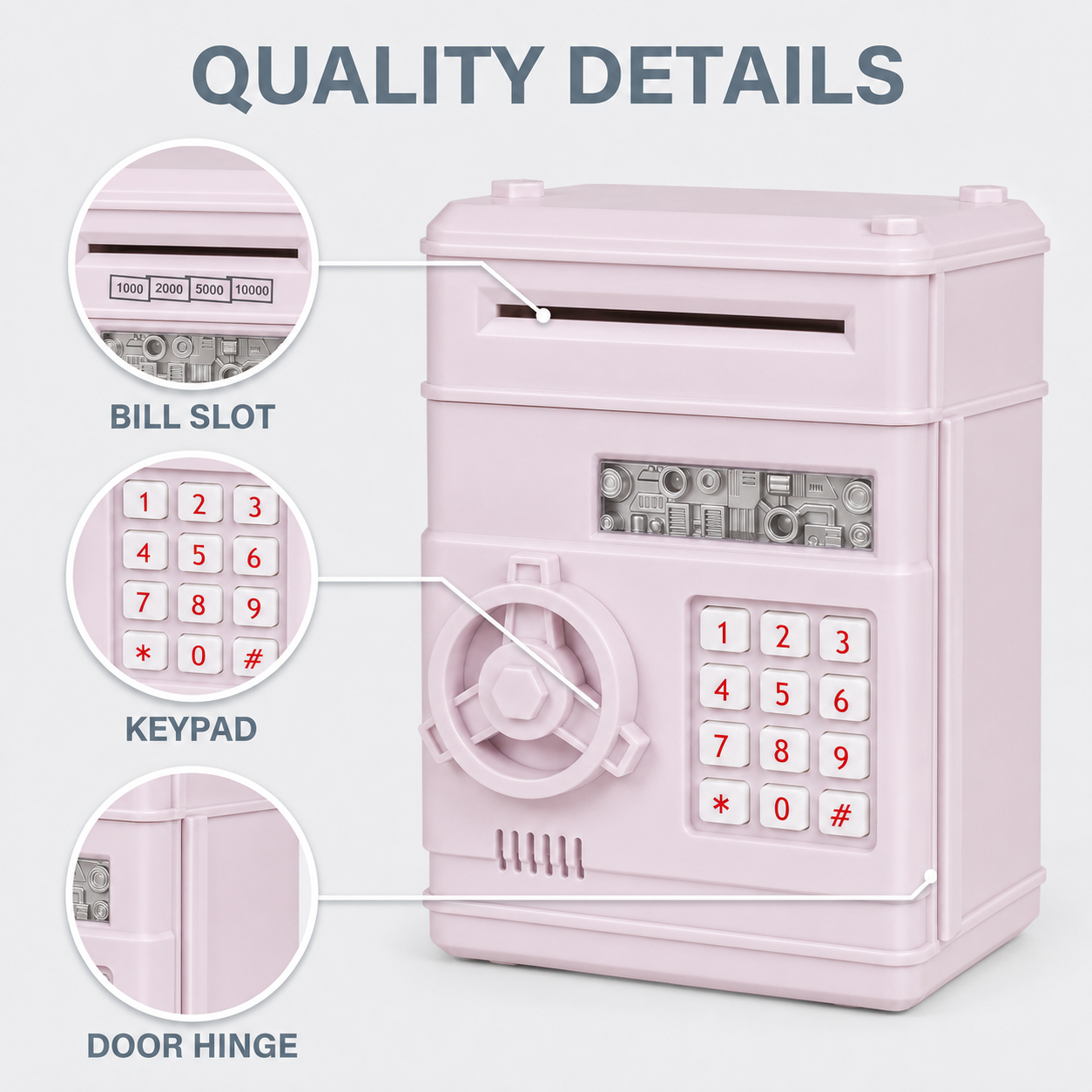 Kids Electronic Piggy Bank with Password Lock, Cash & Coins, Light Pink