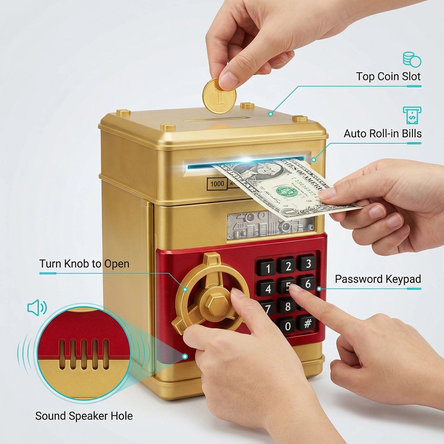 Kids Electronic Piggy Bank with Password Lock, Cash & Coins, Gold