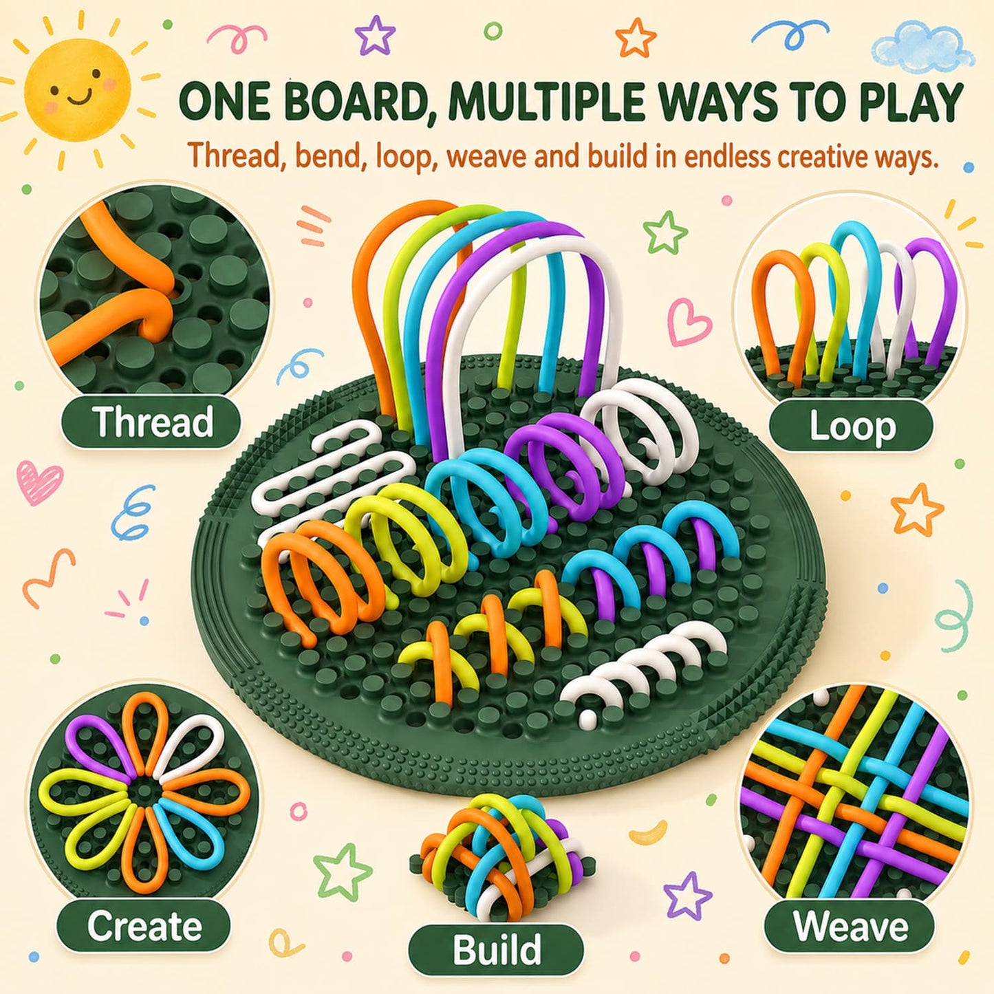 Sensory Board for Kids Ages 3+, Silicone String Activity Board with 25 Soft Strips, Quiet Travel Toy for Toddlers, Screen-Free Fine Motor Skills Toy with Storage Bag