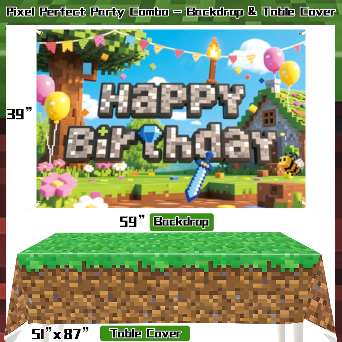 Pixel Game Birthday Party Decorations for Boys, All in One Gamer Party Decor Kit with Balloons, Backdrop and Table Cover