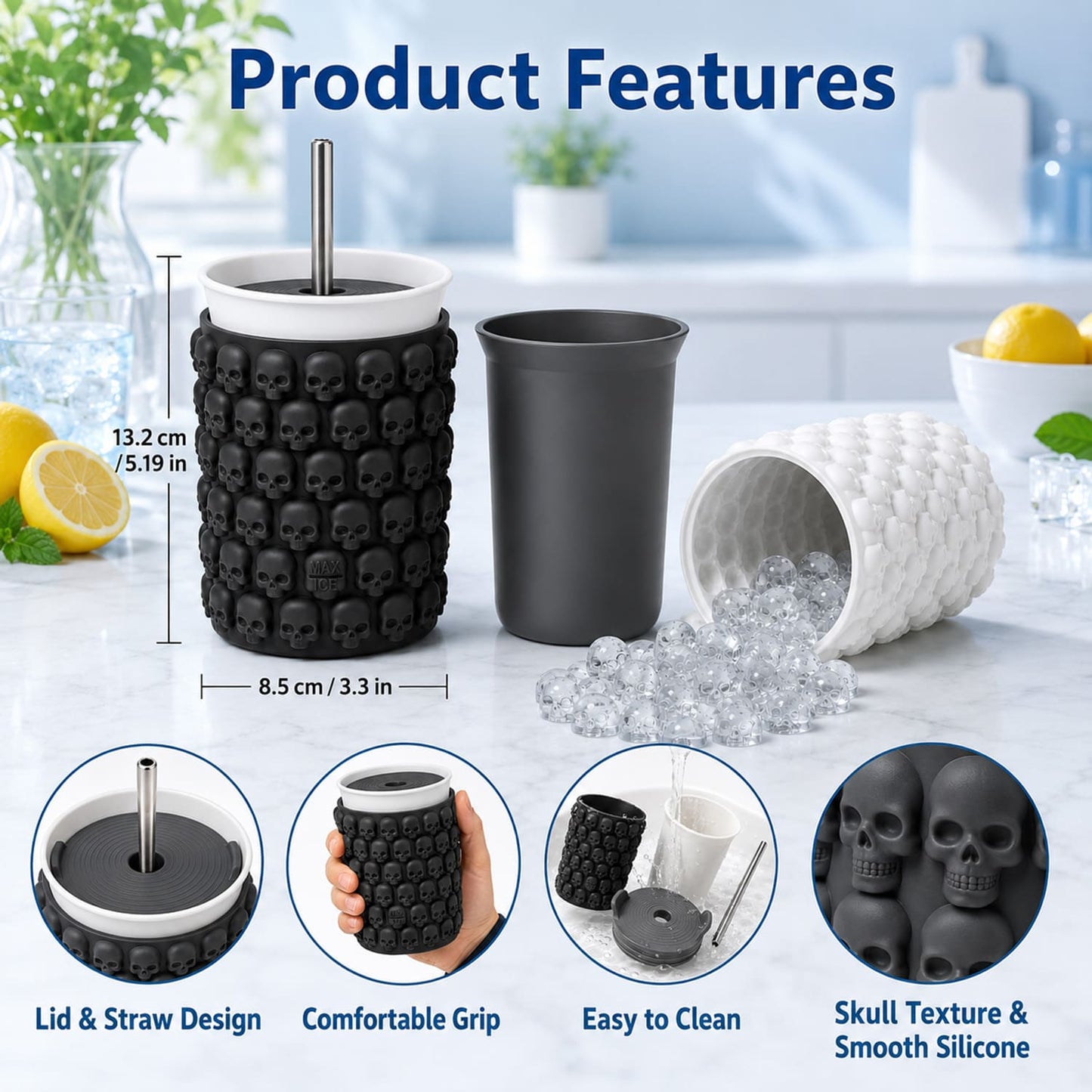 2-Pack Skull Ice Cube Mold Cup Set, 128 Mini Skull Ice Tray with Lid & Straw, Silicone Halloween Cocktail Ice Mold for Whiskey, Coffee & Party Drinks