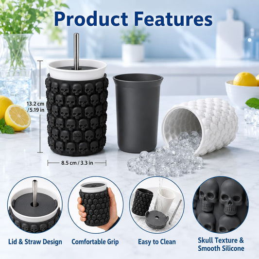 2-Pack Skull Ice Cube Mold Cup Set, 128 Mini Skull Ice Tray with Lid & Straw, Silicone Halloween Cocktail Ice Mold for Whiskey, Coffee & Party Drinks
