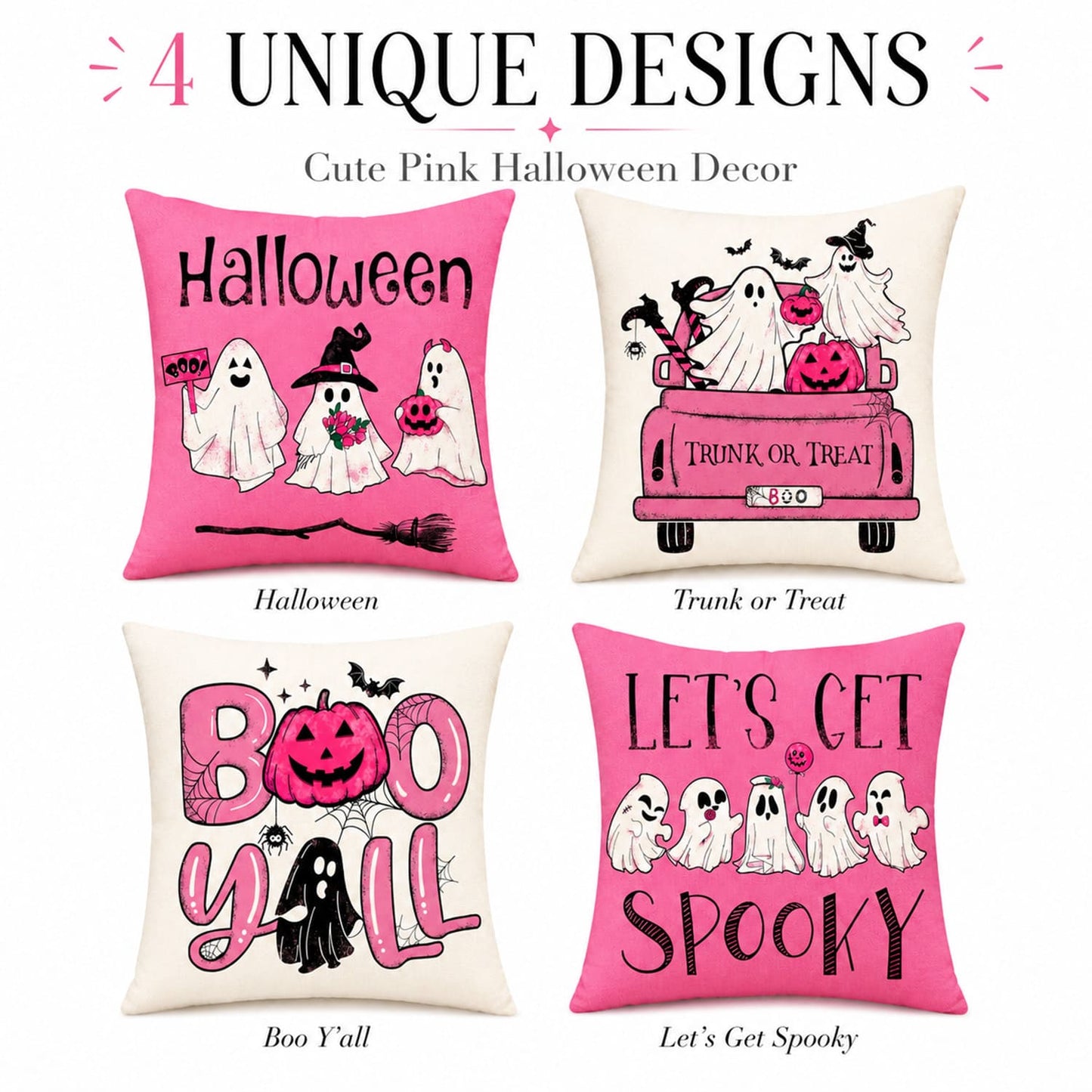 4 Pack Pink Halloween Pillow Covers 18x18, Cute Ghost Pumpkin Throw Pillow Covers for Couch Sofa, Faux Linen Halloween Decorative Cushion Covers for Living Room Bedroom Home Decor