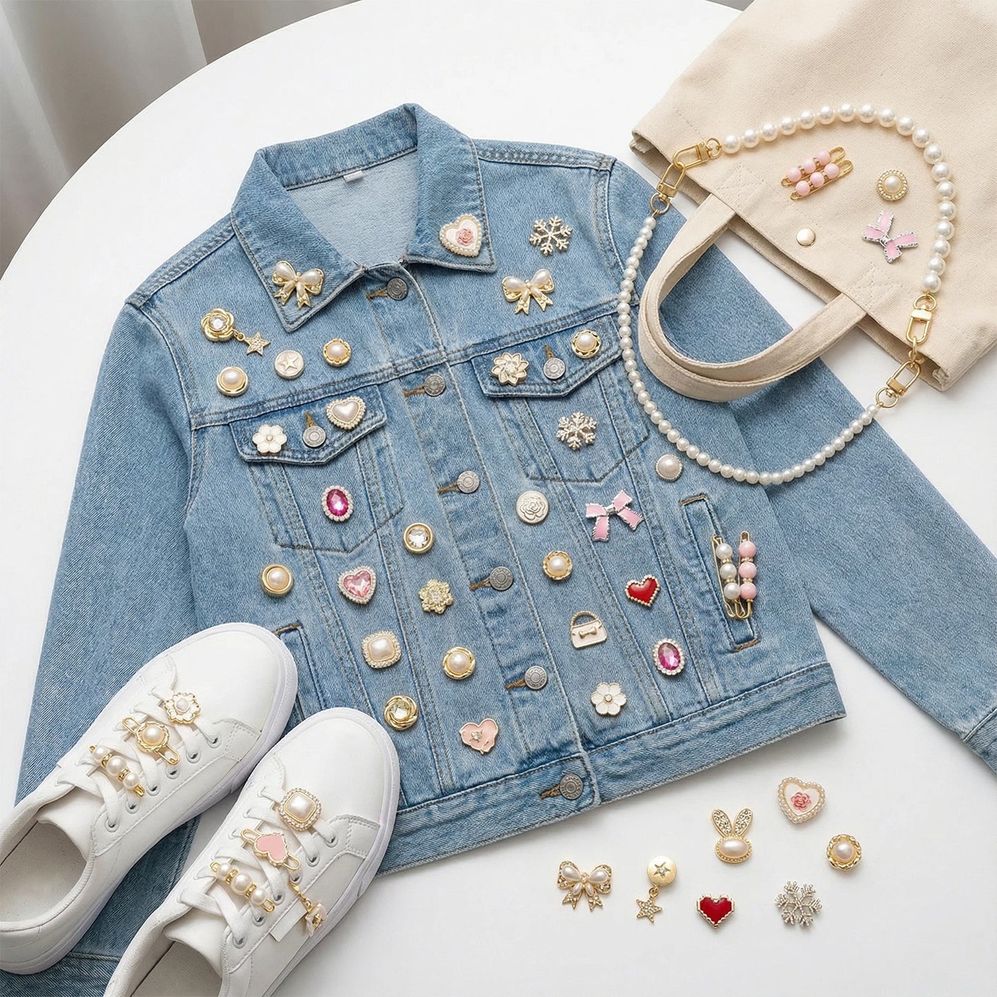 95 Pcs Shoe Charms for Sneakers - DIY Decoration Kit with Satin & Lace Shoelaces, Pearl & Gem Charms, Fashionable Accessories for Bags, Hats, and More