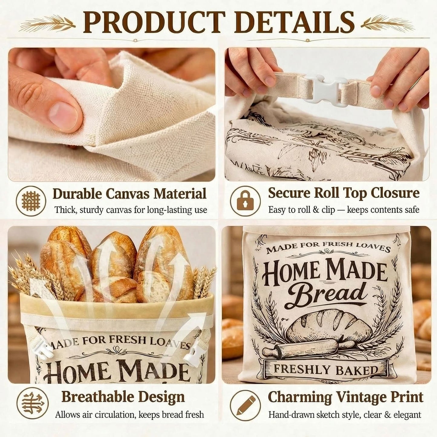 2 Pack Linen Bread Storage Bags with Roll-Top Buckle Closure, 13 x 17 Inch Reusable Bread Keeper Bags for Homemade Loaves, Sandwich Bread and Countertop Storage