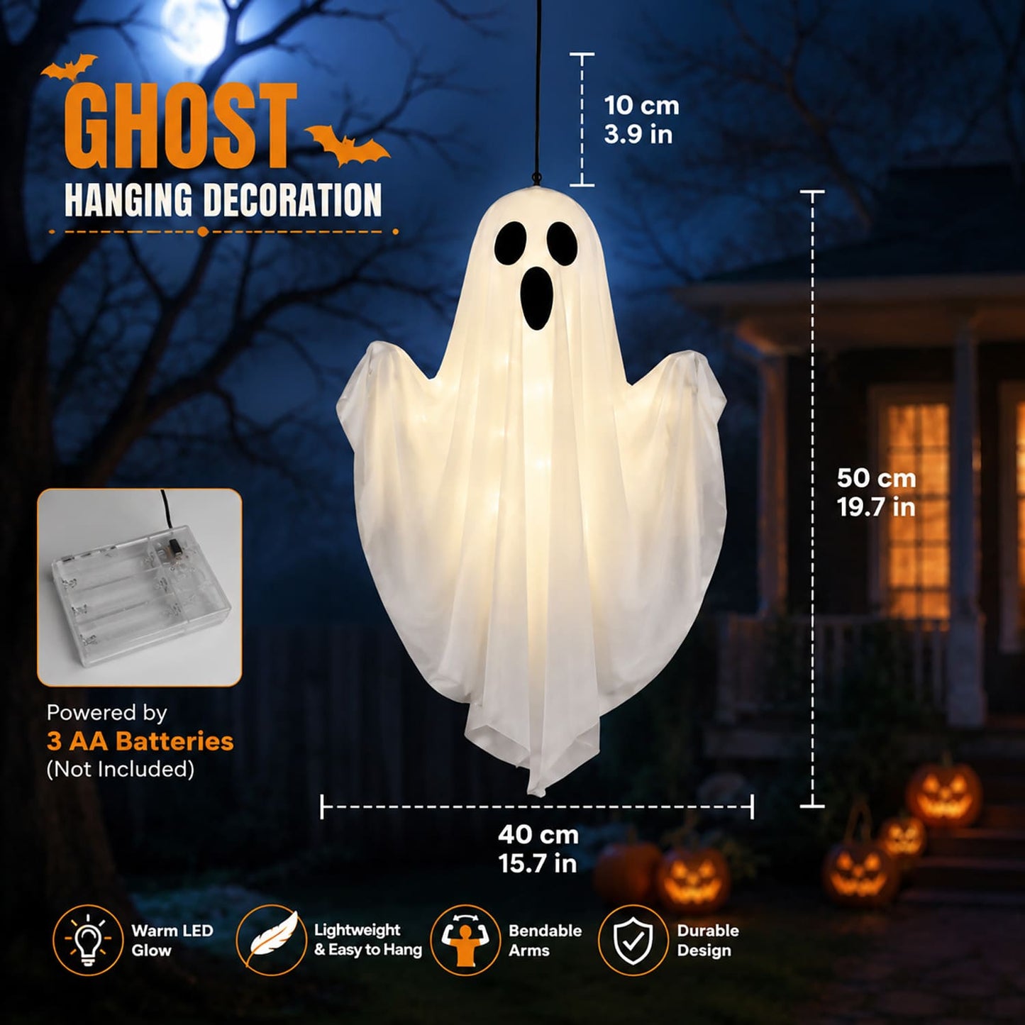 3 Pack Light Up Hanging Ghosts Halloween Decorations, 19.7 in Glowing Ghost Decor for Outdoor Indoor Yard, Tree, Lawn, Fireplace, Party Décor