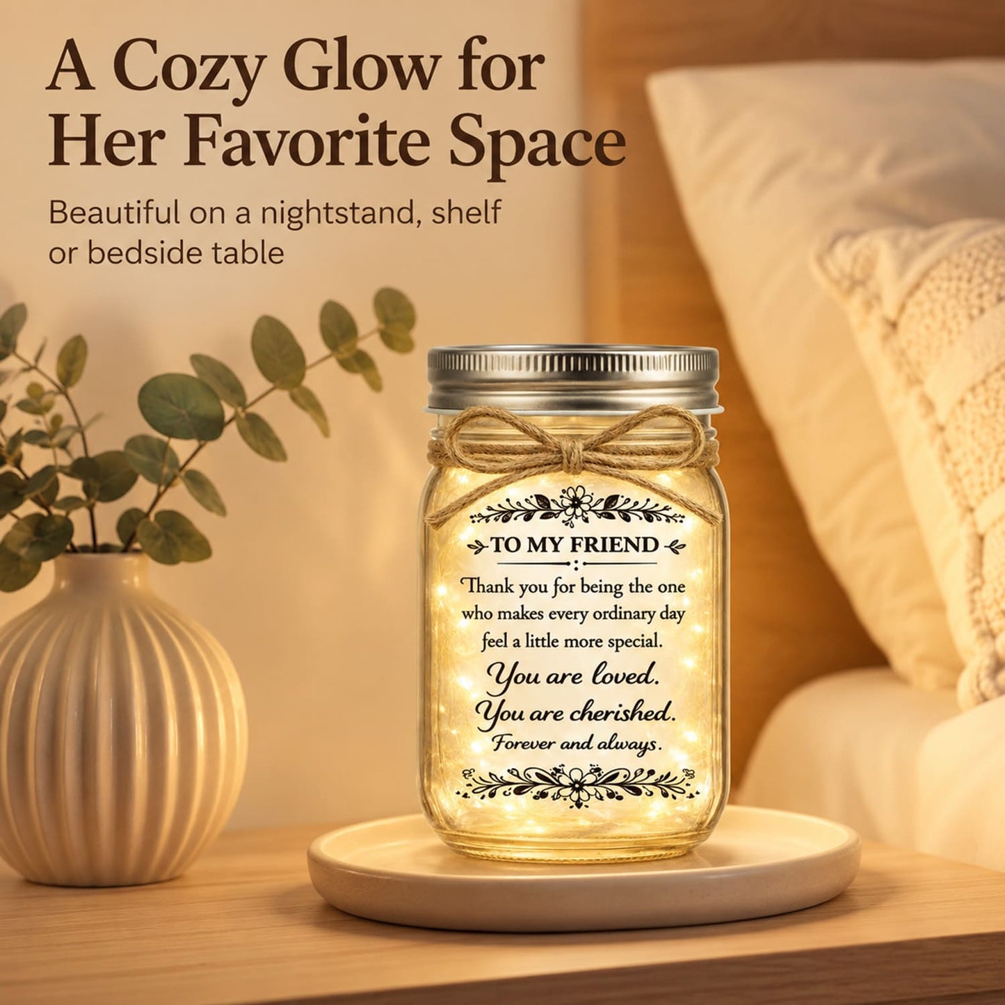 Friendship Gifts for Women, Mason Jar Night Light for Best Friend with Warm LED Fairy Lights, Inspirational Birthday Thank You Gift for Her