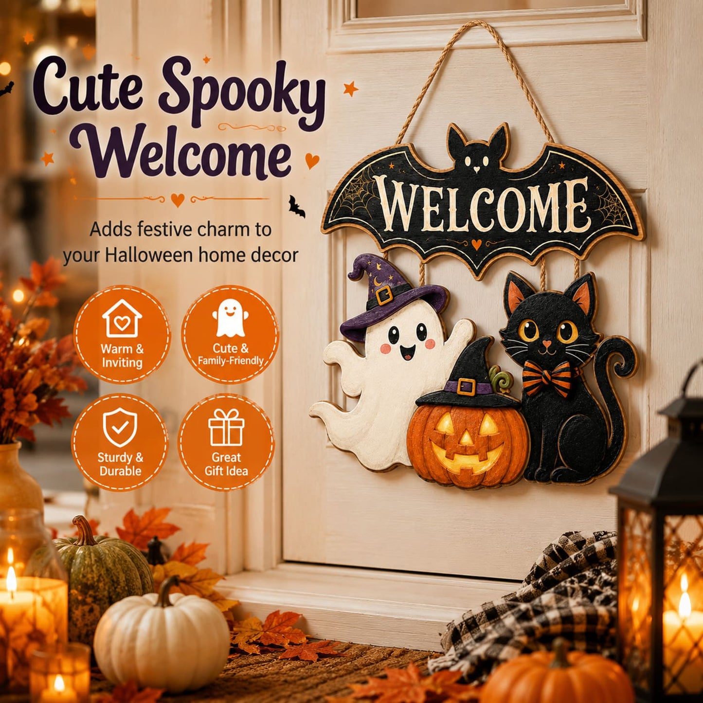 Halloween Wooden Door Sign, 15.7 Inch Bat Welcome Door Hanger with Ghost Pumpkin Black Cat, Cute Halloween Front Door Porch Wall Decor