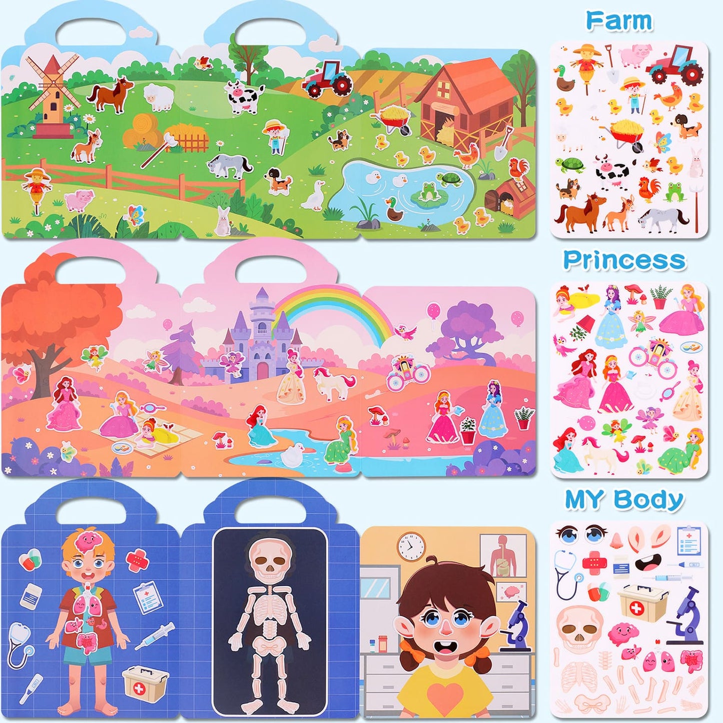 Reusable Sticker Books for Toddlers Ages 2+, 6 Pack Jelly Sticker Activity Books with Farm Vehicles Princess Animals Market Body Themes
