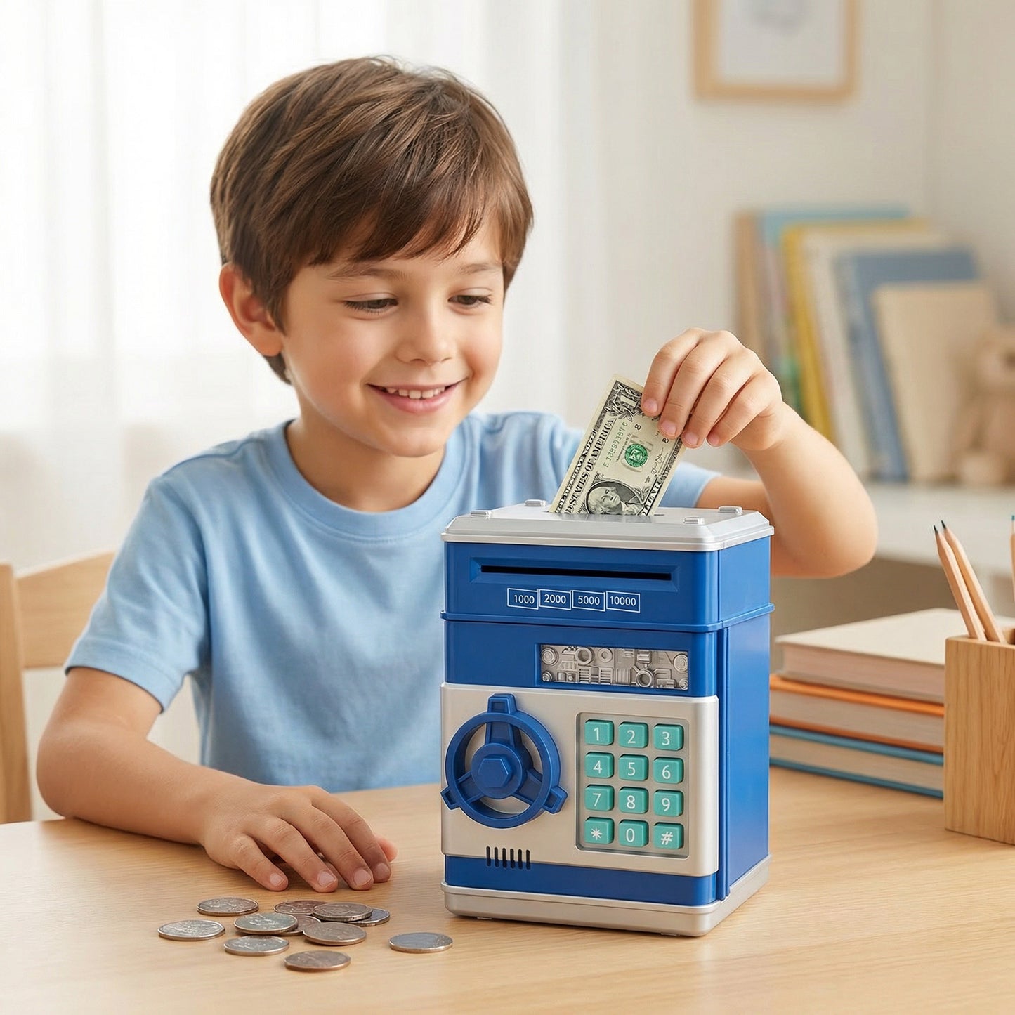 Kids Electronic Piggy Bank with Password Lock, Cash & Coins, Blue