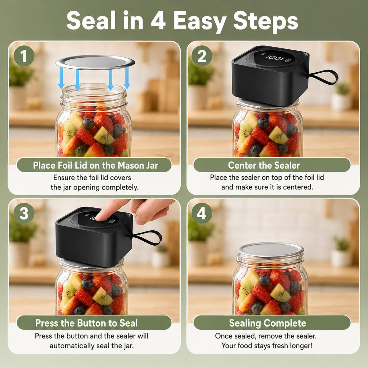 Electric Mason Jar Vacuum Sealer Kit, One-Button Vacuum Sealing for Wide & Regular Mouth Mason Jars, USB Rechargeable, Includes 5 Wide-Mouth Lids, 5 Regular-Mouth Lids & Type-C Cable, Black