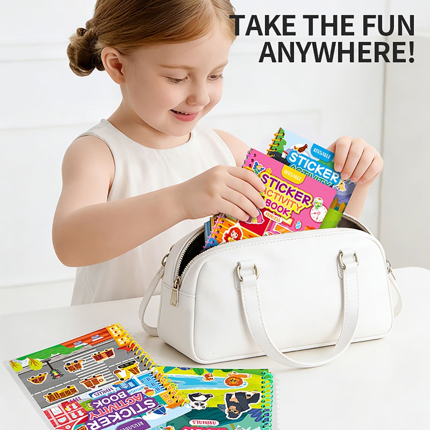 Reusable Sticker Activity Book Set for Kids Ages 3+ | 4 Educational Themes | Travel-Friendly Hands-On Activity Book
