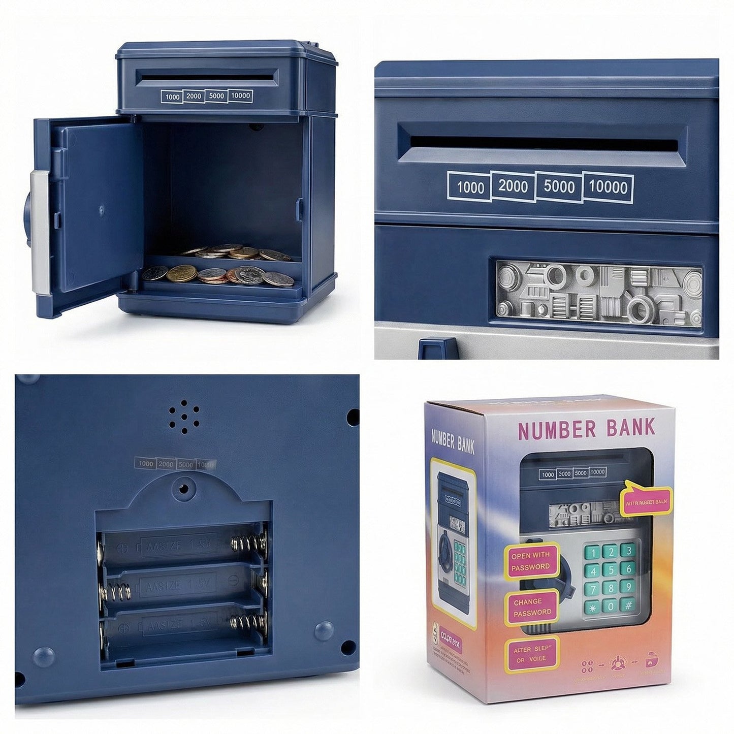 Kids Electronic Piggy Bank with Password Lock, Cash & Coins, Navy