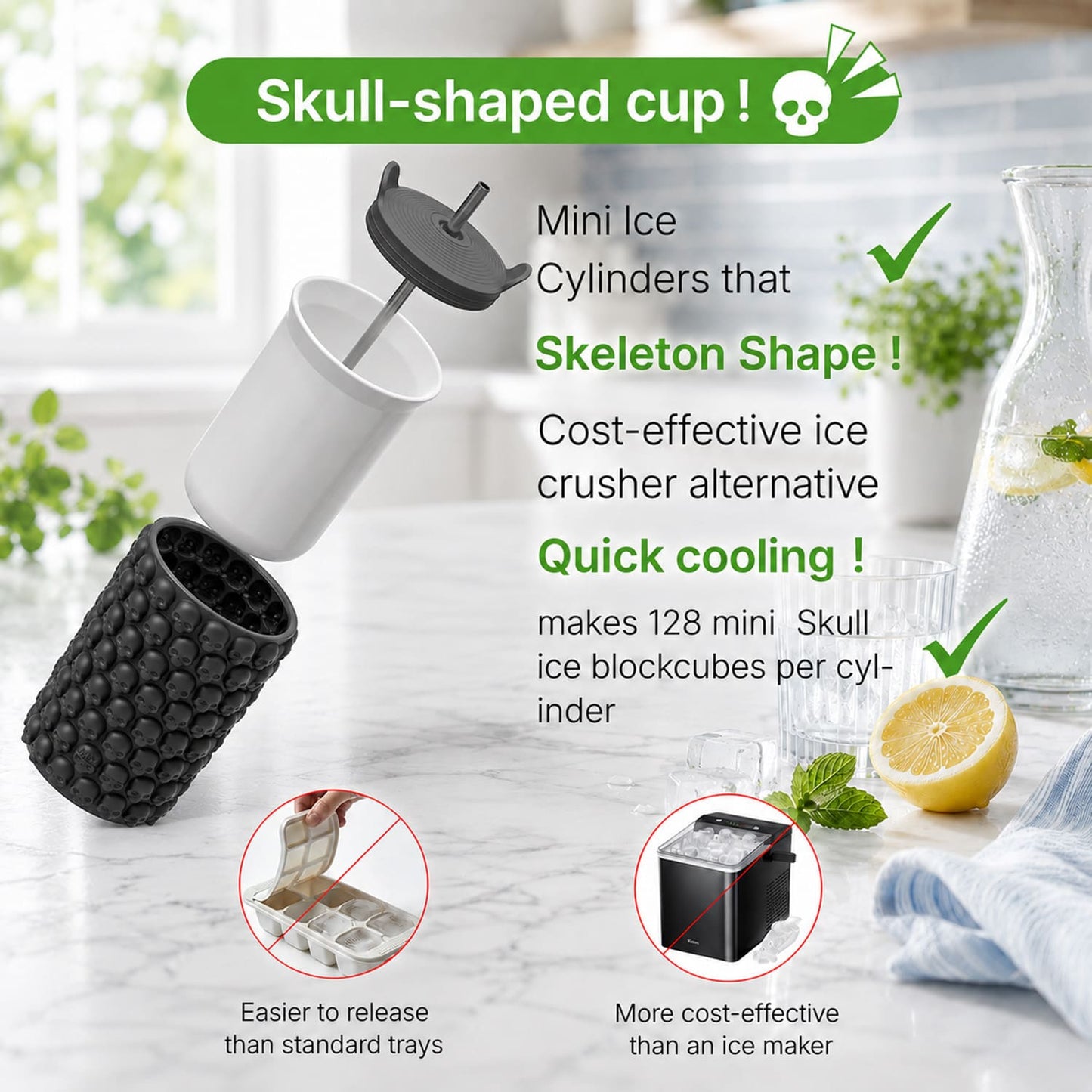 2-Pack Skull Ice Cube Mold Cup Set, 128 Mini Skull Ice Tray with Lid & Straw, Silicone Halloween Cocktail Ice Mold for Whiskey, Coffee & Party Drinks