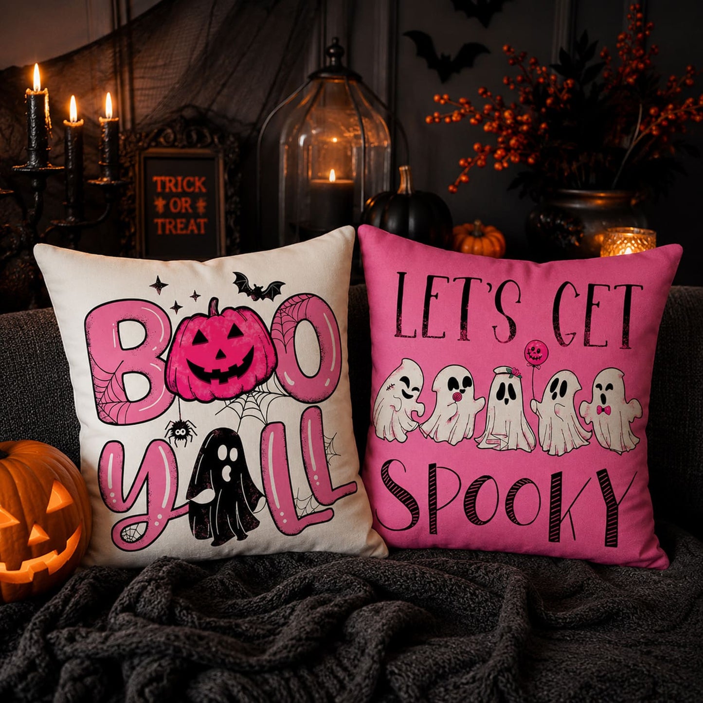 4 Pack Pink Halloween Pillow Covers 18x18, Cute Ghost Pumpkin Throw Pillow Covers for Couch Sofa, Faux Linen Halloween Decorative Cushion Covers for Living Room Bedroom Home Decor