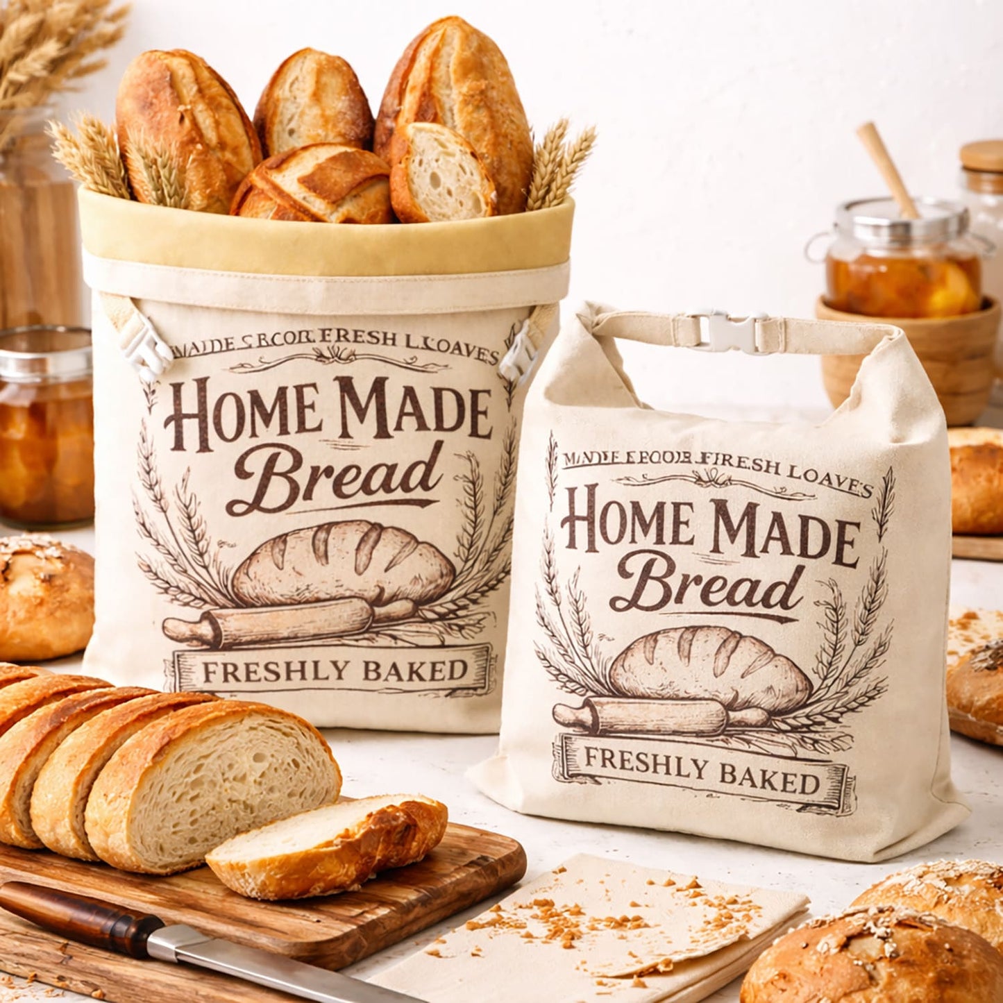 2 Pack Linen Bread Storage Bags with Roll-Top Buckle Closure, 13 x 17 Inch Reusable Bread Keeper Bags for Homemade Loaves, Sandwich Bread and Countertop Storage