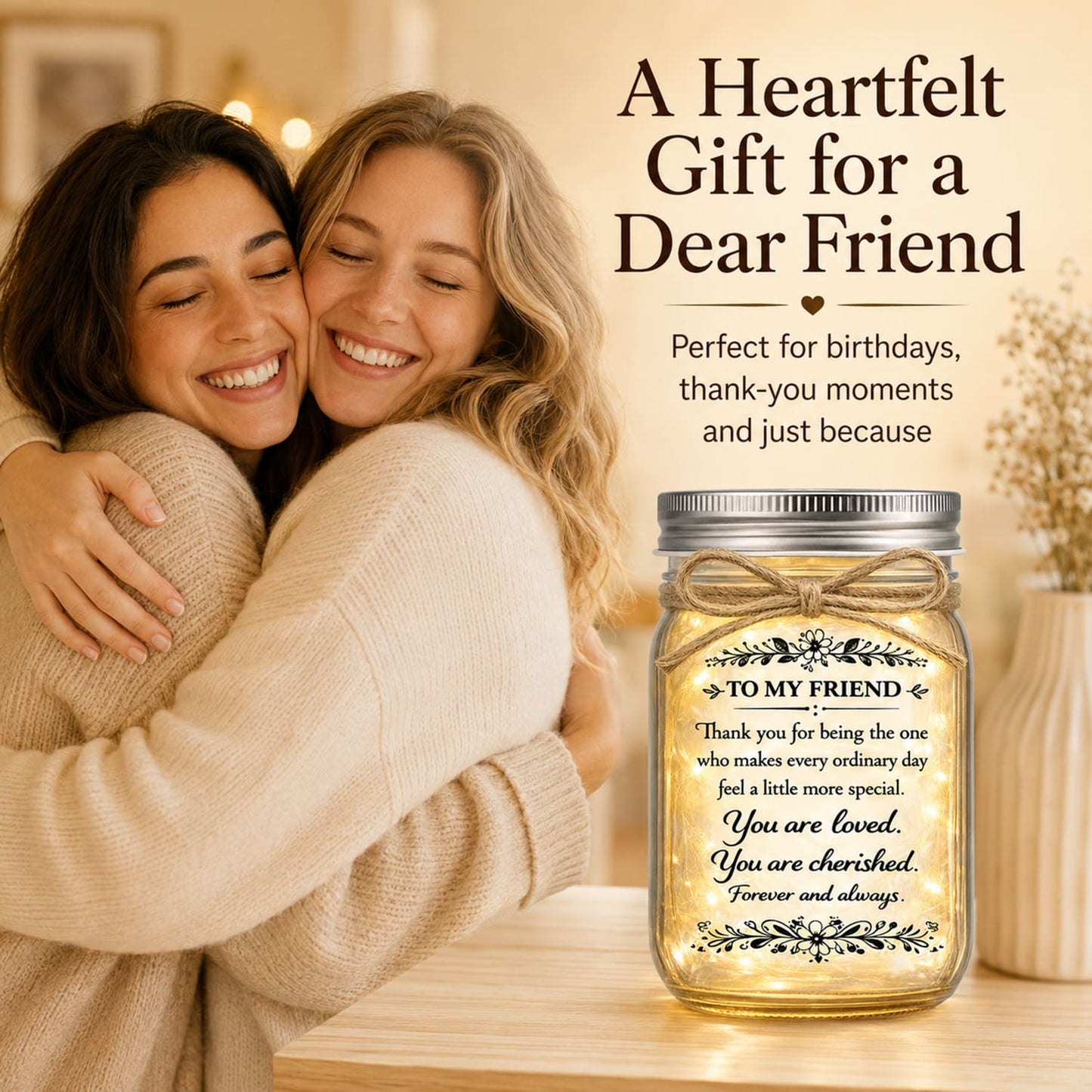 Friendship Gifts for Women, Mason Jar Night Light for Best Friend with Warm LED Fairy Lights, Inspirational Birthday Thank You Gift for Her