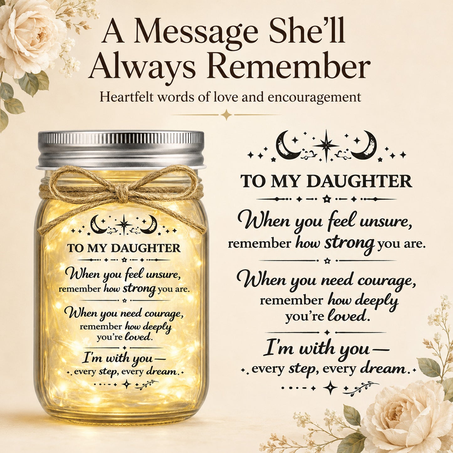 Daughter Gift Mason Jar Night Light, 5.2" Glass Jar with 20 Warm LED Fairy Lights, Inspirational Message Decor for Bedroom Desk Dorm, Birthday Graduation Christmas Gift from Mom Dad