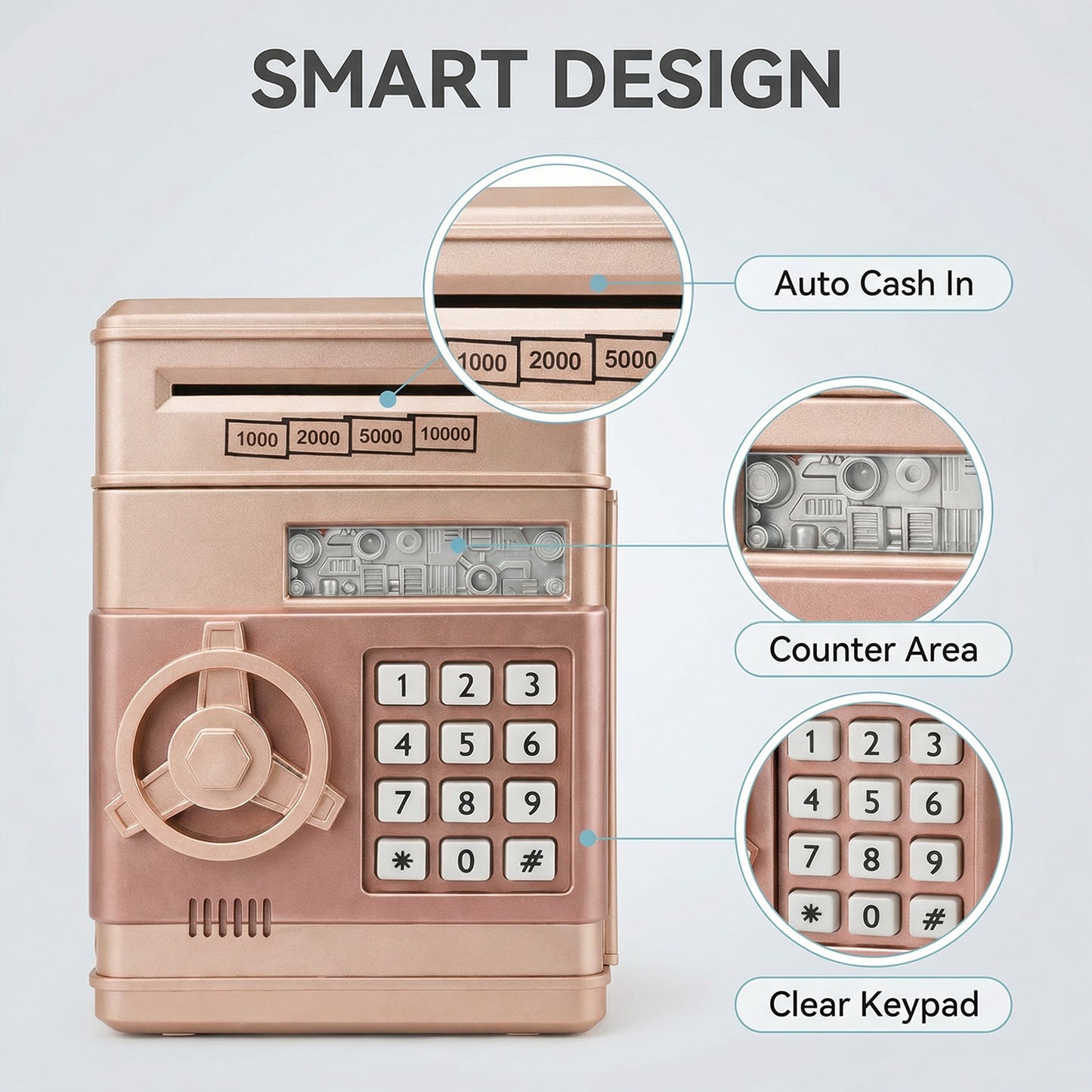 Kids Electronic Piggy Bank with Password Lock, Cash & Coins, Rose Gold