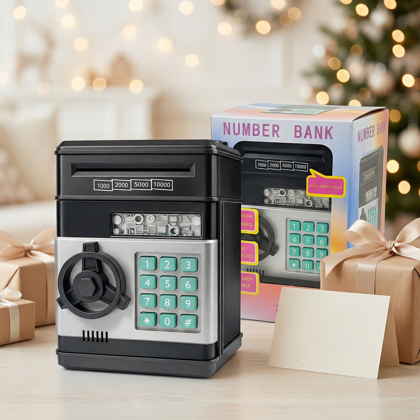 Kids Electronic Piggy Bank with Password Lock, Cash & Coins, Black