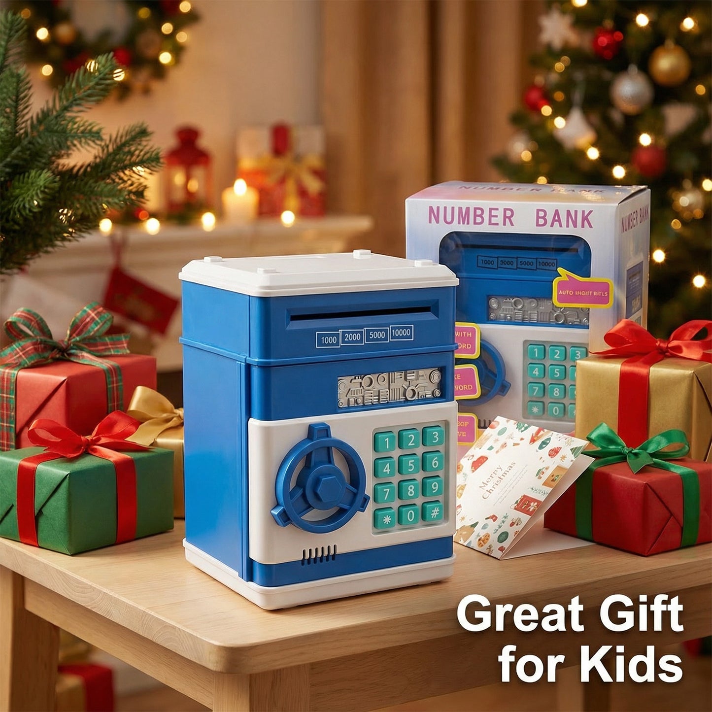 Kids Electronic Piggy Bank with Password Lock, Cash & Coins, Blue