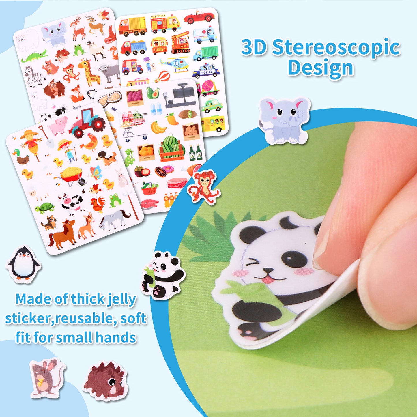 Kywib Reusable Sticker Books for Kids Ages 3+, 6 Pack Jelly Sticker Activity Books, Dinosaur, Space, Ocean and Vehicles Themes