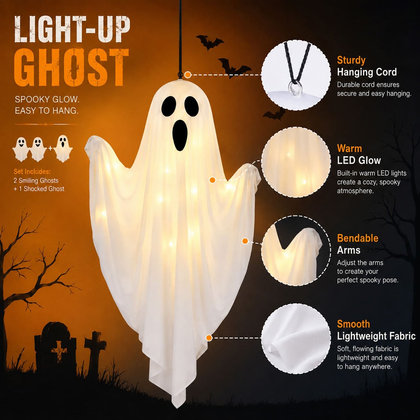3 Pack Light Up Hanging Ghosts Halloween Decorations, 19.7 in Glowing Ghost Decor for Outdoor Indoor Yard, Tree, Lawn, Fireplace, Party Décor