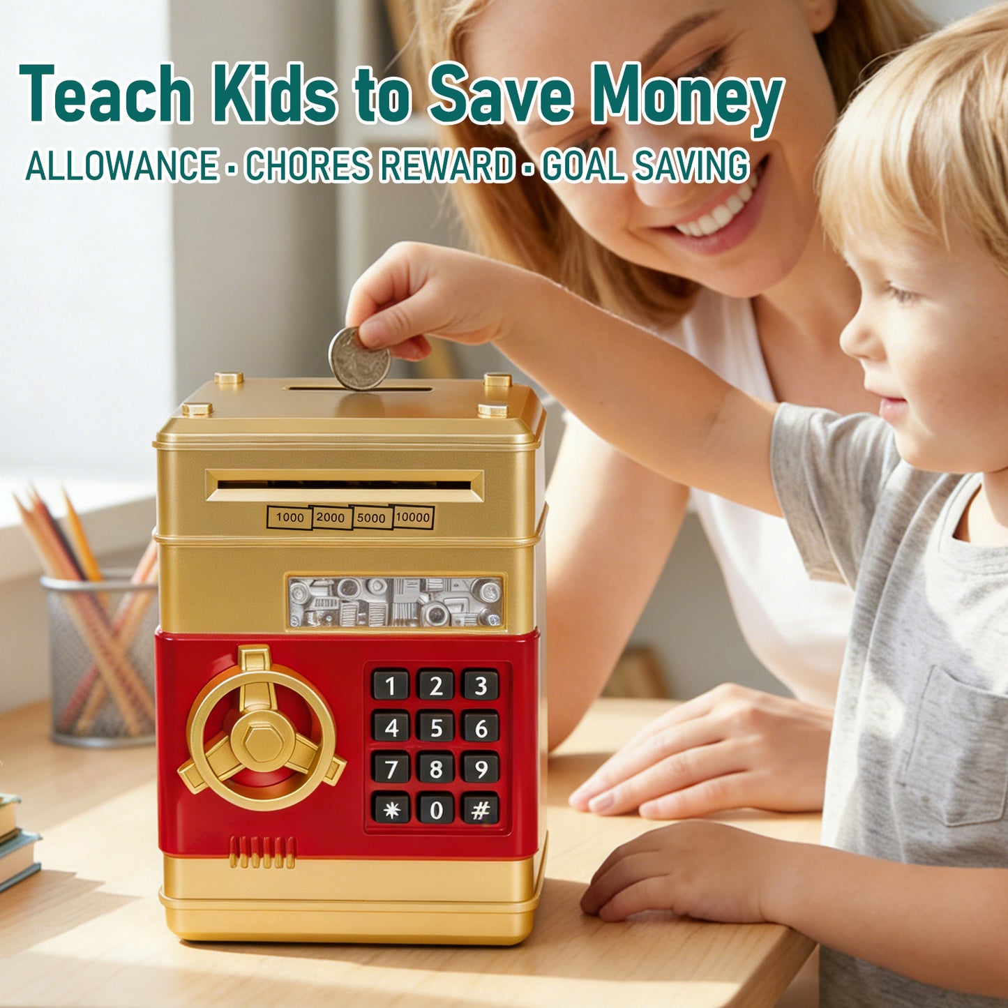 Kids Electronic Piggy Bank with Password Lock, Cash & Coins, Gold