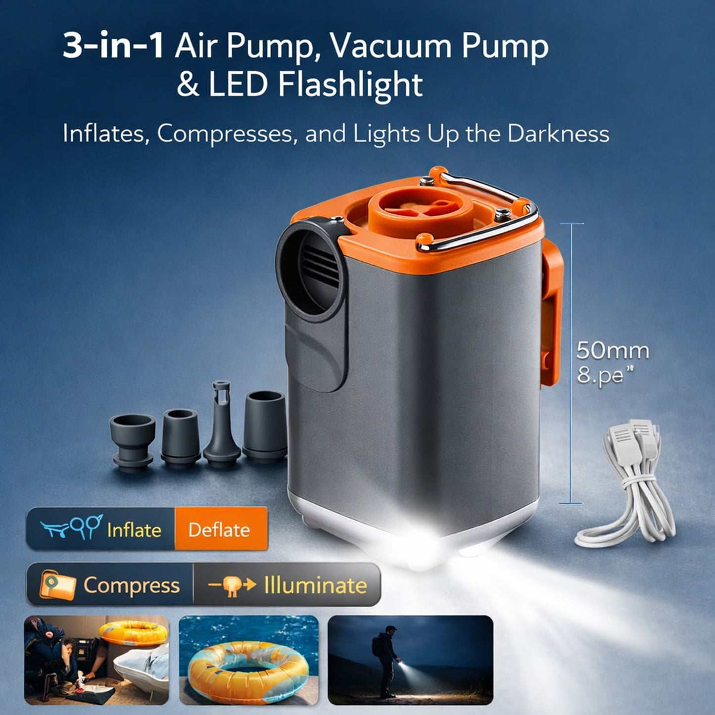 Kywib Portable Air Pump for Inflatables, USB-C Rechargeable Mini Electric Air Mattress Pump with Camping Light, 5 Nozzles to Inflate & Deflate Pool Floats, Sleeping Pads and Vacuum Bags
