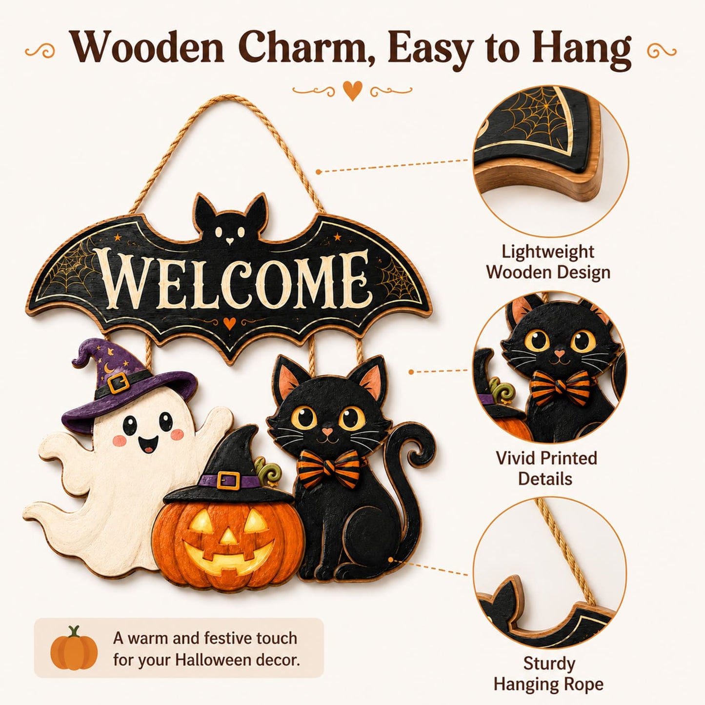 Halloween Wooden Door Sign, 15.7 Inch Bat Welcome Door Hanger with Ghost Pumpkin Black Cat, Cute Halloween Front Door Porch Wall Decor