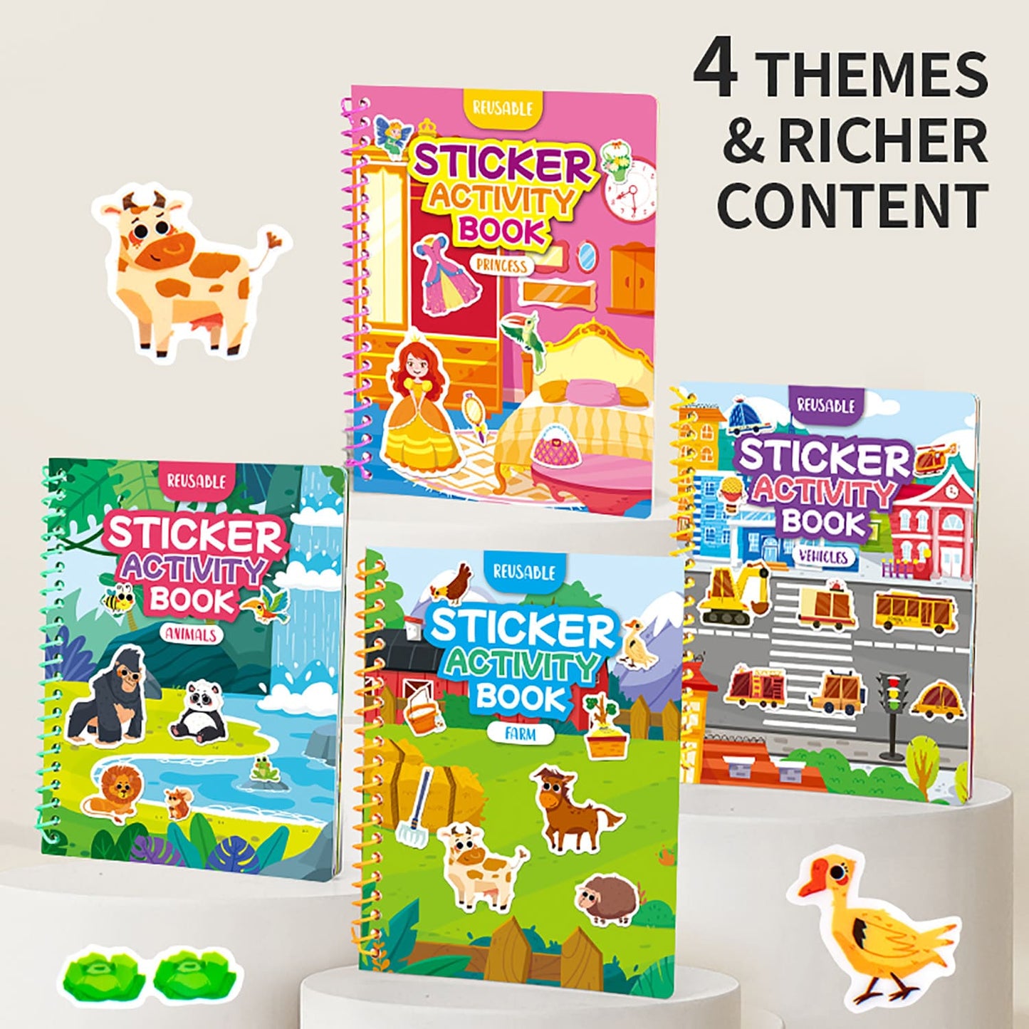 Reusable Sticker Activity Book Set for Kids Ages 3+ | 4 Educational Themes | Travel-Friendly Hands-On Activity Book