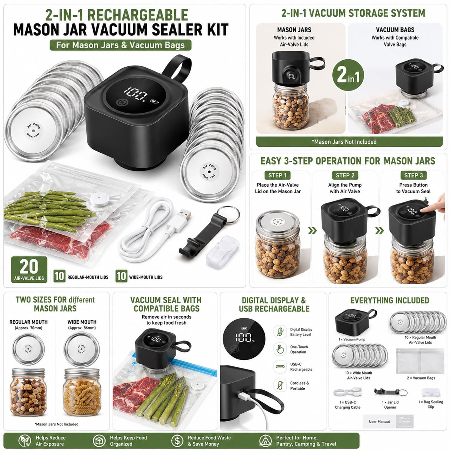 Electric Mason Jar Vacuum Sealer Kit, One-Button Vacuum Sealing for Wide & Regular Mouth Mason Jars, USB Rechargeable, Includes 5 Wide-Mouth Lids, 5 Regular-Mouth Lids & Type-C Cable, Black