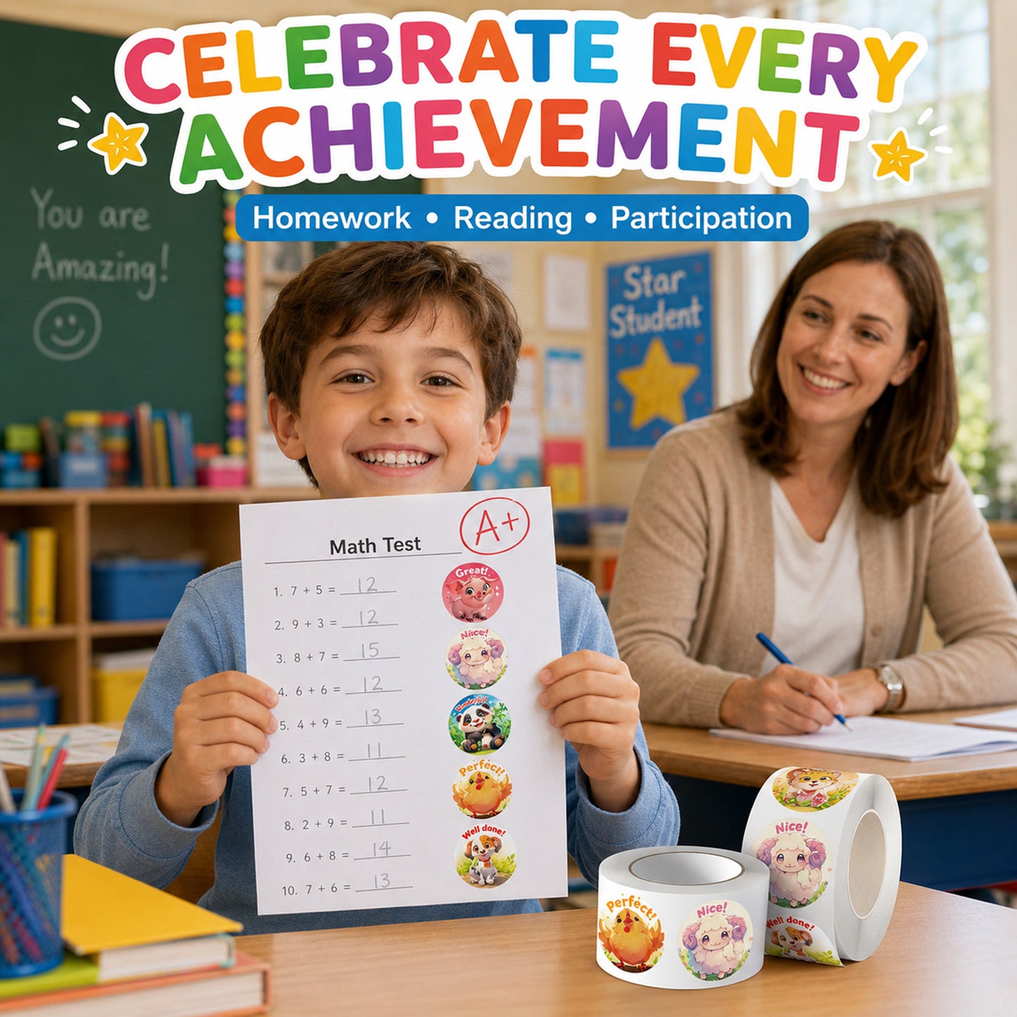 Kywib 3000PCS Reward Stickers for Teachers Classroom, 6 Rolls Cute Animal Motivational Stickers for Students, Homework, Charts and School Supplies