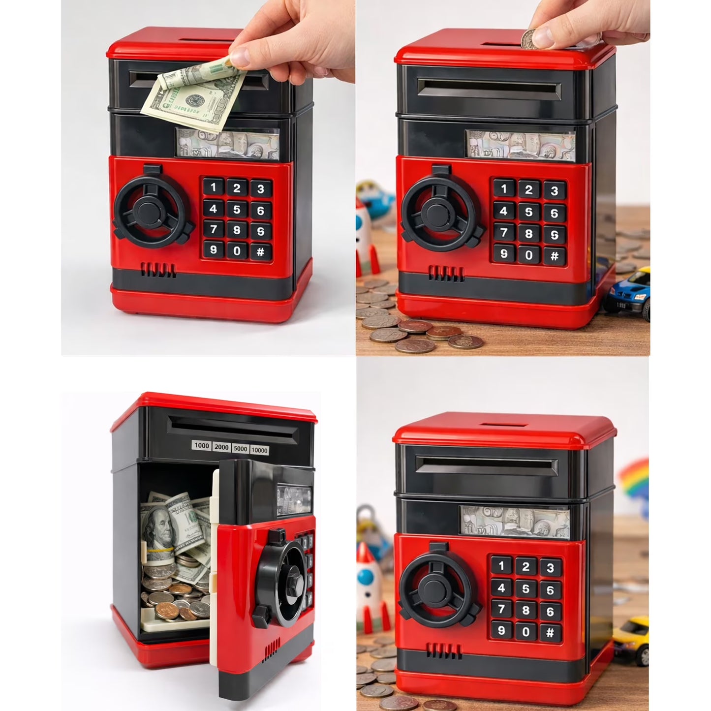 Kids Electronic Piggy Bank with Password Lock, Cash & Coins, Red Black