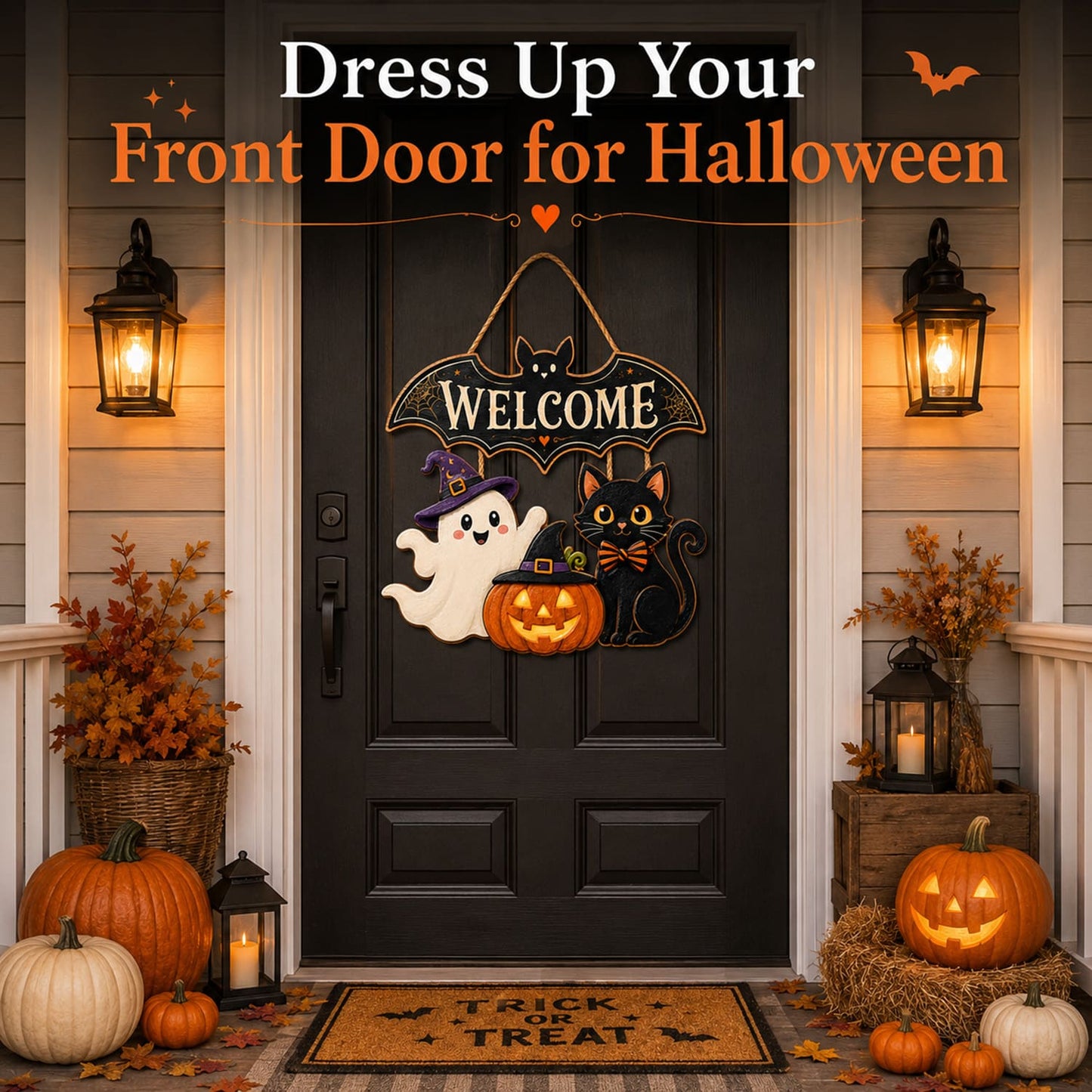 Halloween Wooden Door Sign, 15.7 Inch Bat Welcome Door Hanger with Ghost Pumpkin Black Cat, Cute Halloween Front Door Porch Wall Decor