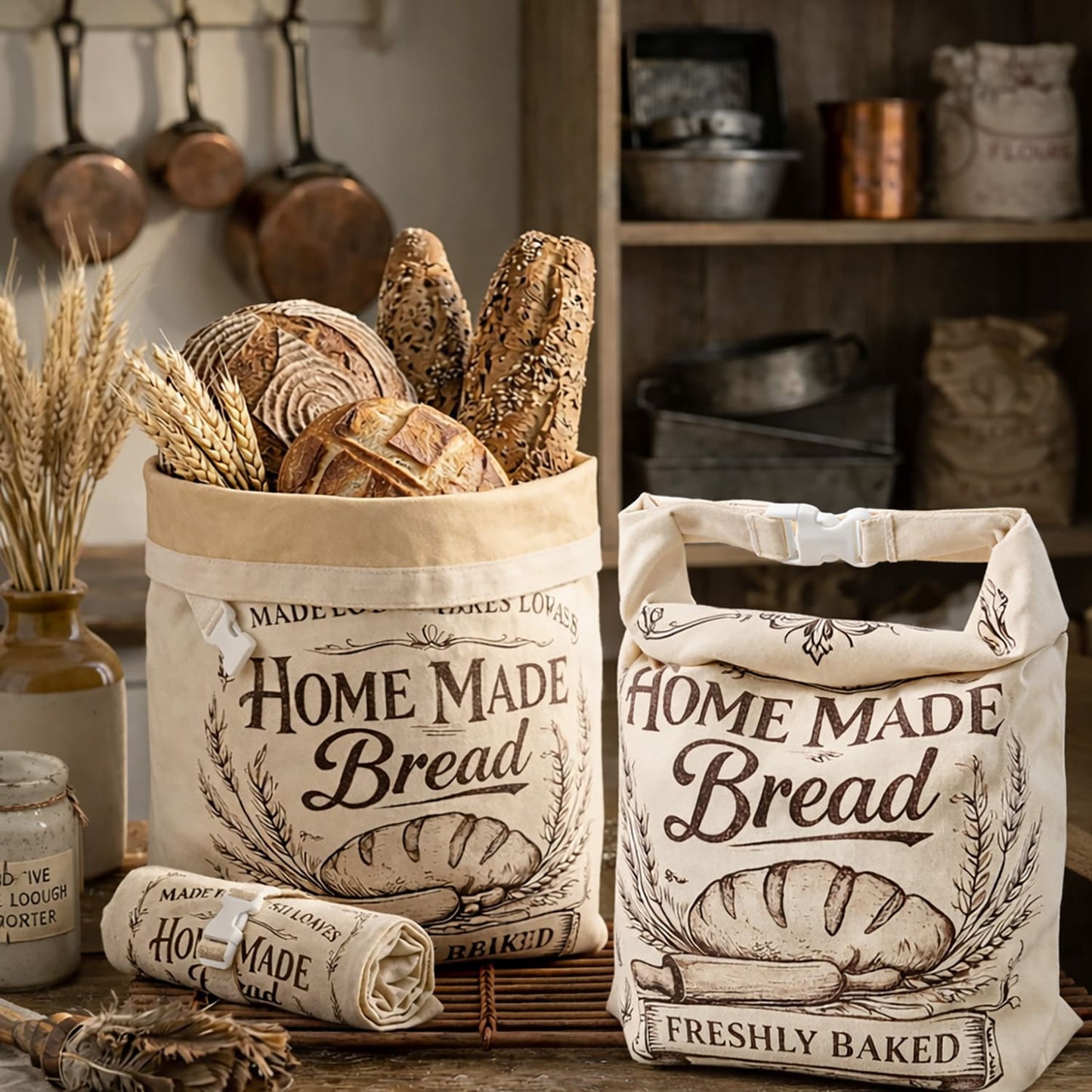 2 Pack Linen Bread Storage Bags with Roll-Top Buckle Closure, 13 x 17 Inch Reusable Bread Keeper Bags for Homemade Loaves, Sandwich Bread and Countertop Storage