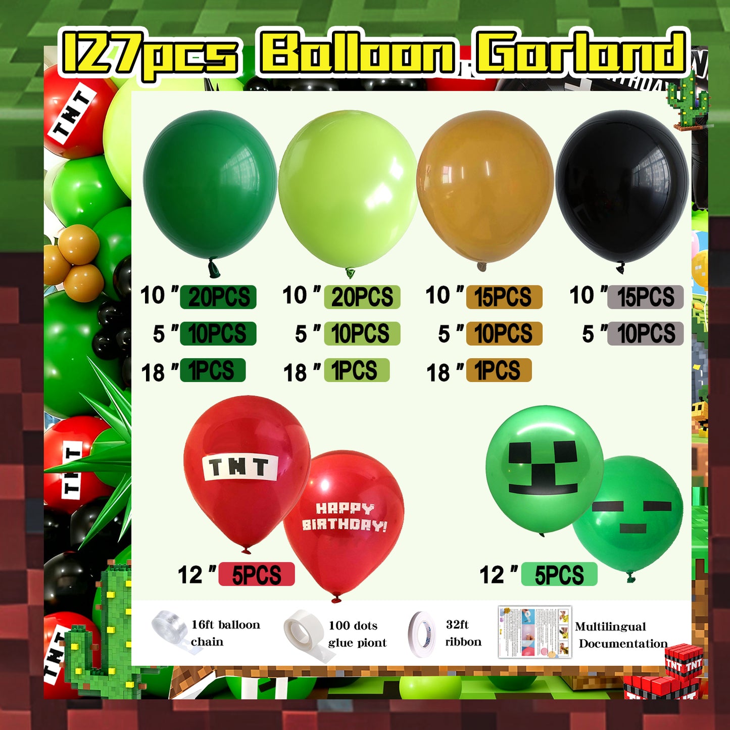 Pixel Game Birthday Party Decorations for Boys, All in One Gamer Party Decor Kit with Balloons, Backdrop and Table Cover