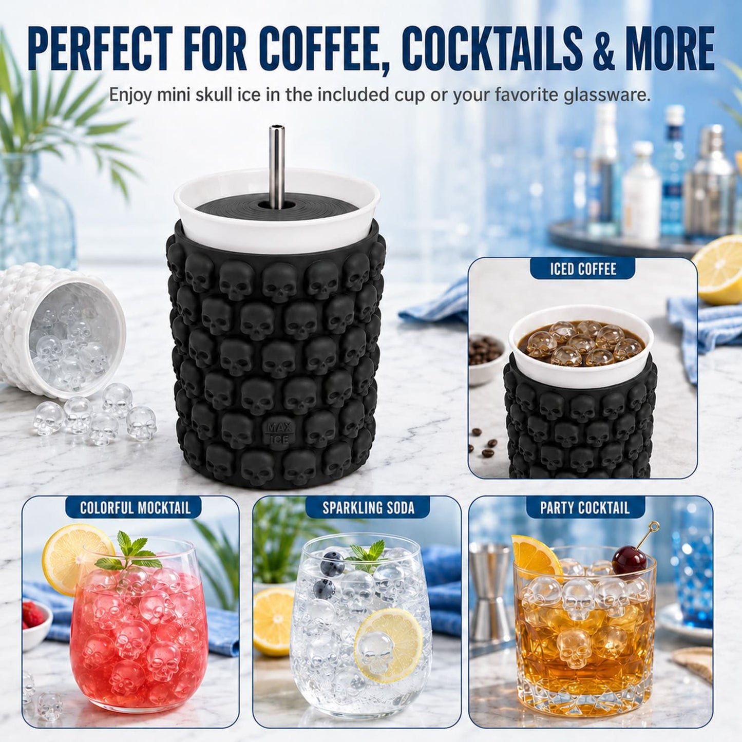 2-Pack Skull Ice Cube Mold Cup Set, 128 Mini Skull Ice Tray with Lid & Straw, Silicone Halloween Cocktail Ice Mold for Whiskey, Coffee & Party Drinks