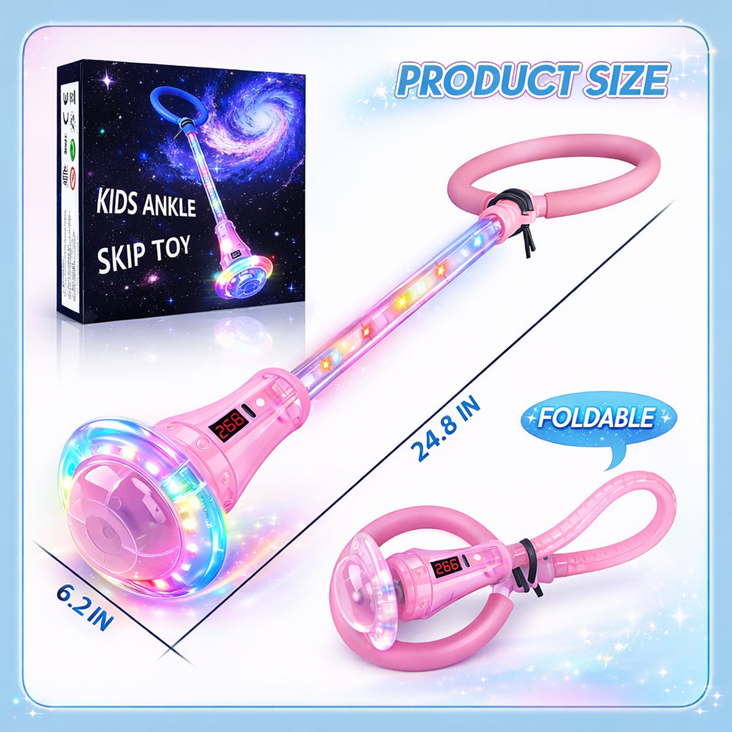 Kywib Smart Skip Ball with Bluetooth Music & LED Counter, Foldable Ankle Skip Toy for Kids, Birthday Gifts for Girls & Boys Age 5-12, Outdoor Active Game,Pink