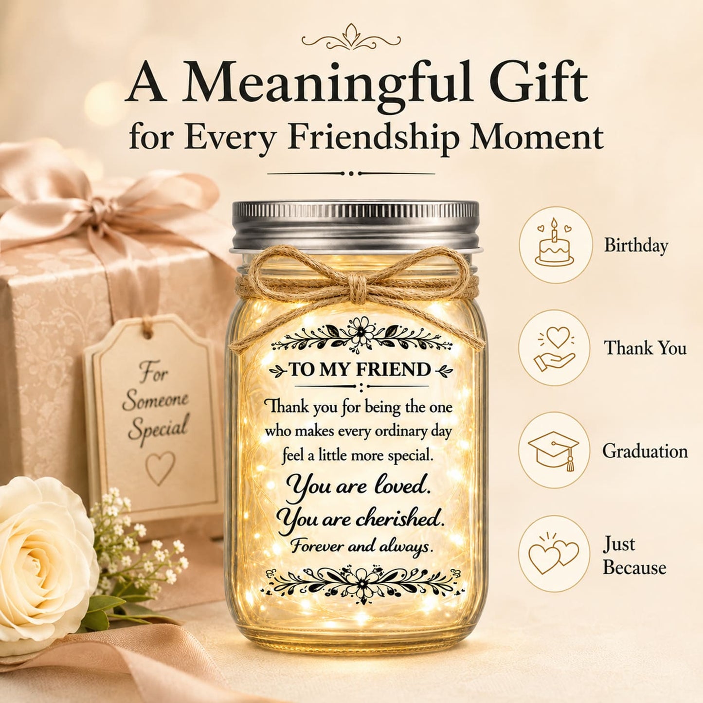Friendship Gifts for Women, Mason Jar Night Light for Best Friend with Warm LED Fairy Lights, Inspirational Birthday Thank You Gift for Her