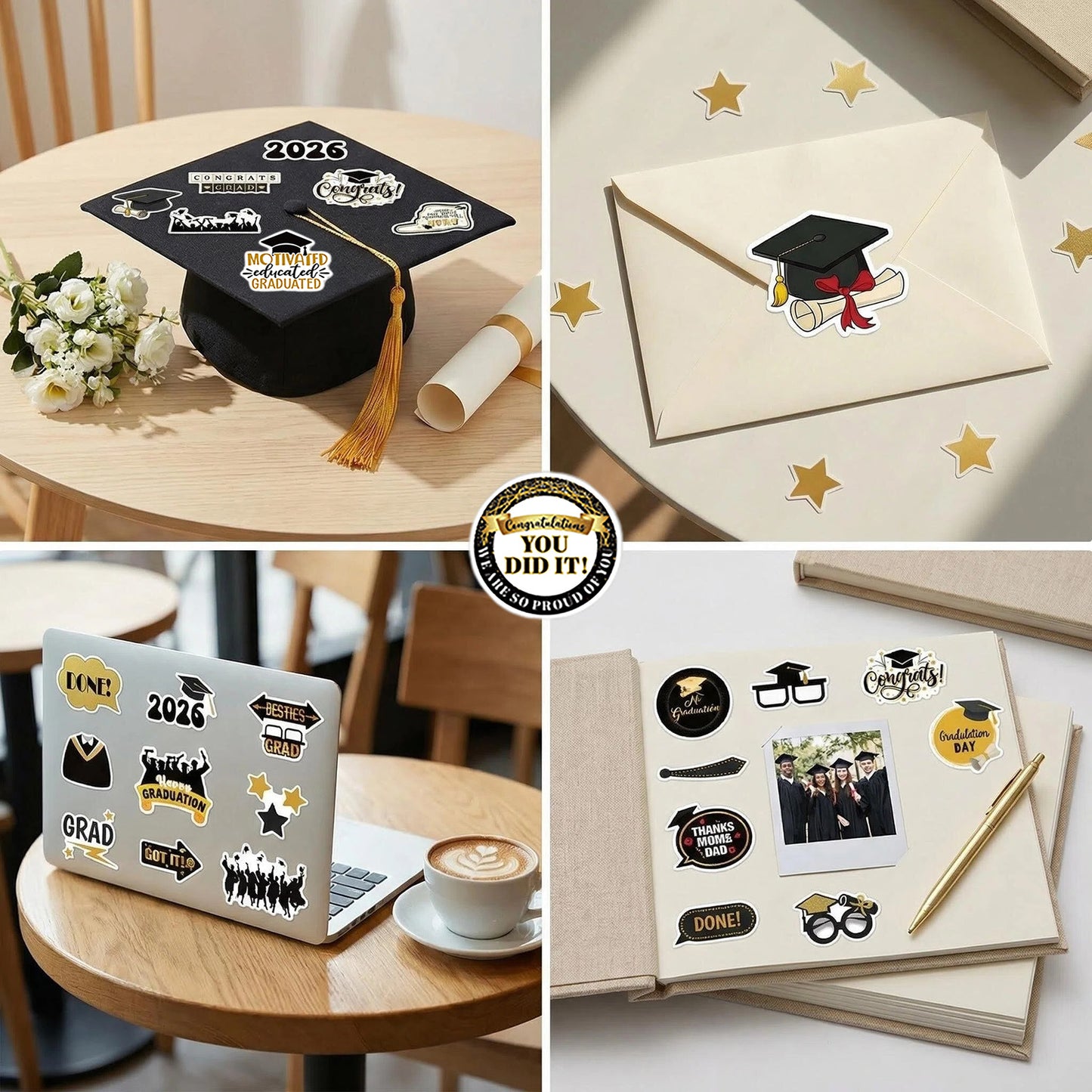 Class of 2026 Graduation Sticker Pack, 150pcs Waterproof Fade-Resistant PP Stickers, Cute Congrats Decals for Laptops Water Bottles Journals