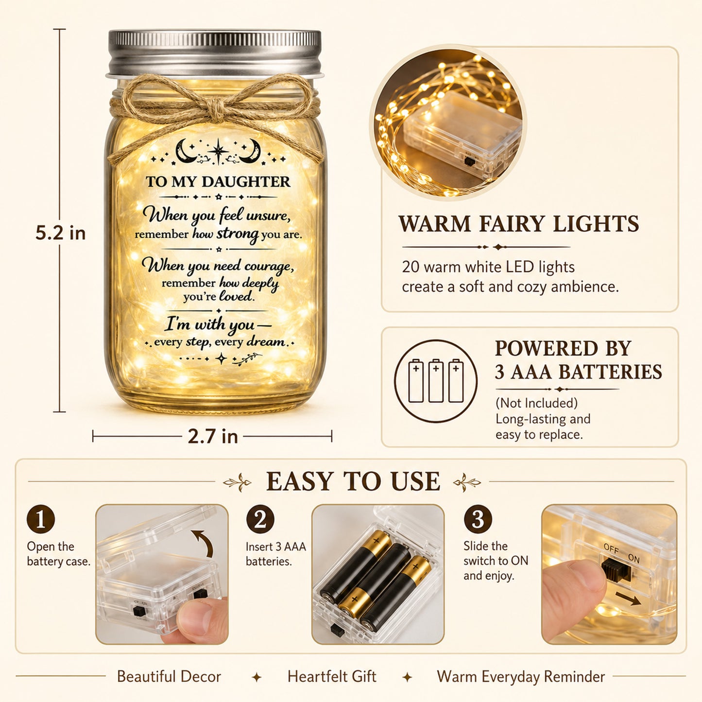 Daughter Gift Mason Jar Night Light, 5.2" Glass Jar with 20 Warm LED Fairy Lights, Inspirational Message Decor for Bedroom Desk Dorm, Birthday Graduation Christmas Gift from Mom Dad
